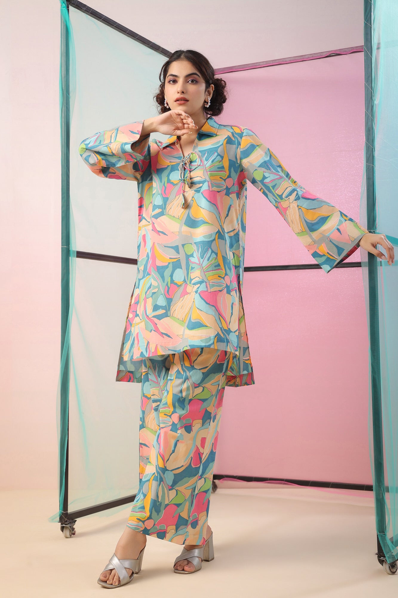 Abstract Art On Blue Cotton Palazzo Loungewear Set
