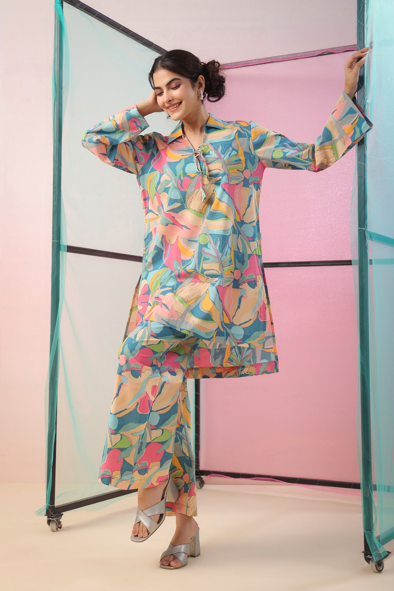 Abstract Art On Blue Cotton Palazzo Loungewear Set