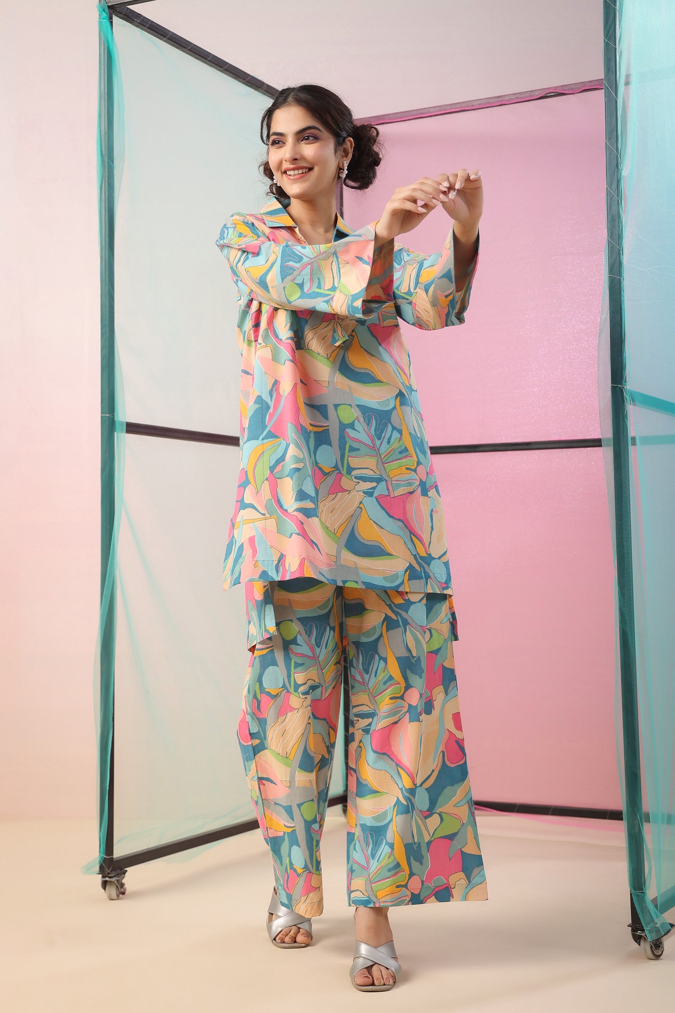 Abstract Art On Blue Cotton Palazzo Loungewear Set