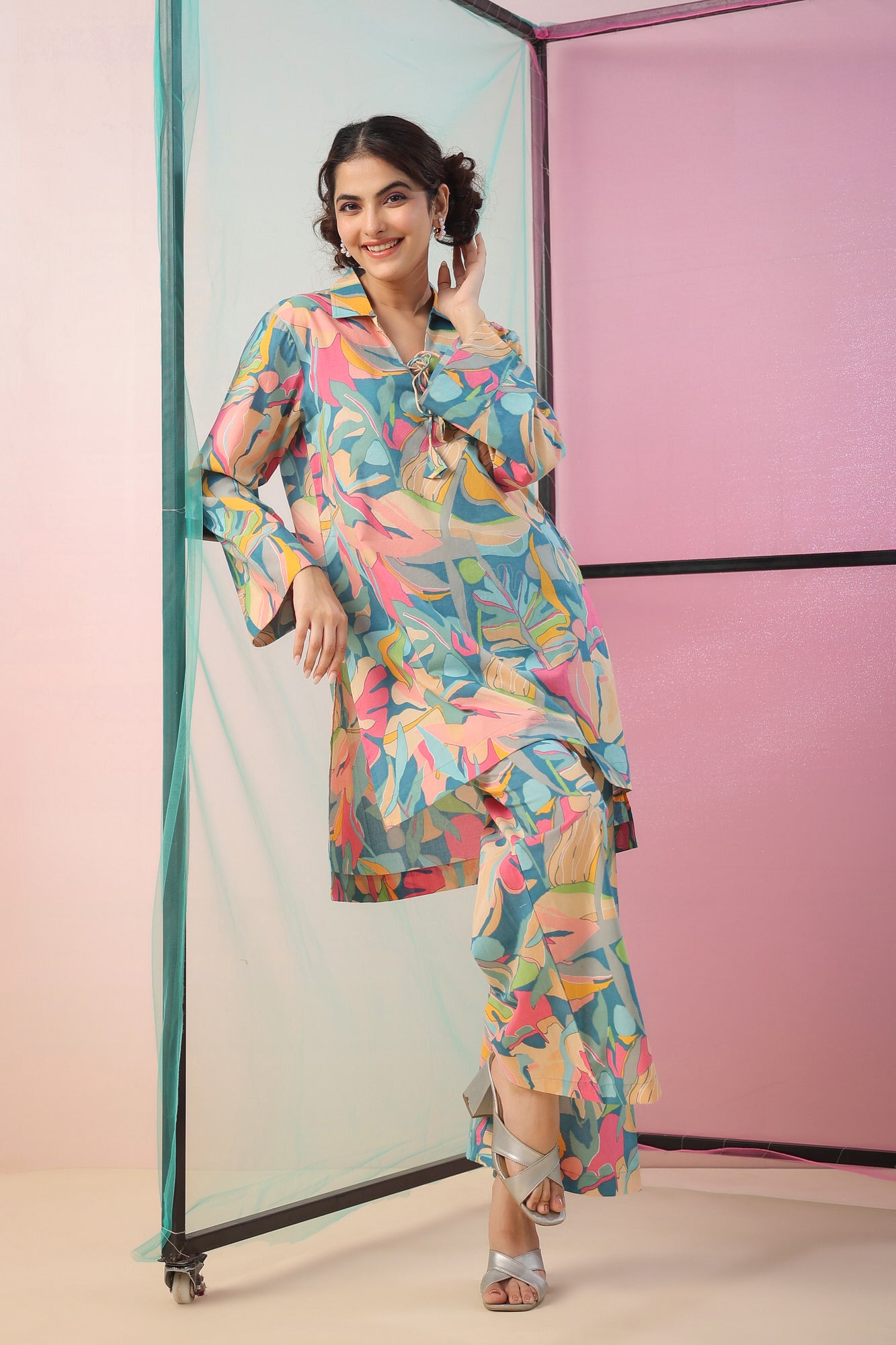 Abstract Art On Blue Cotton Palazzo Loungewear Set