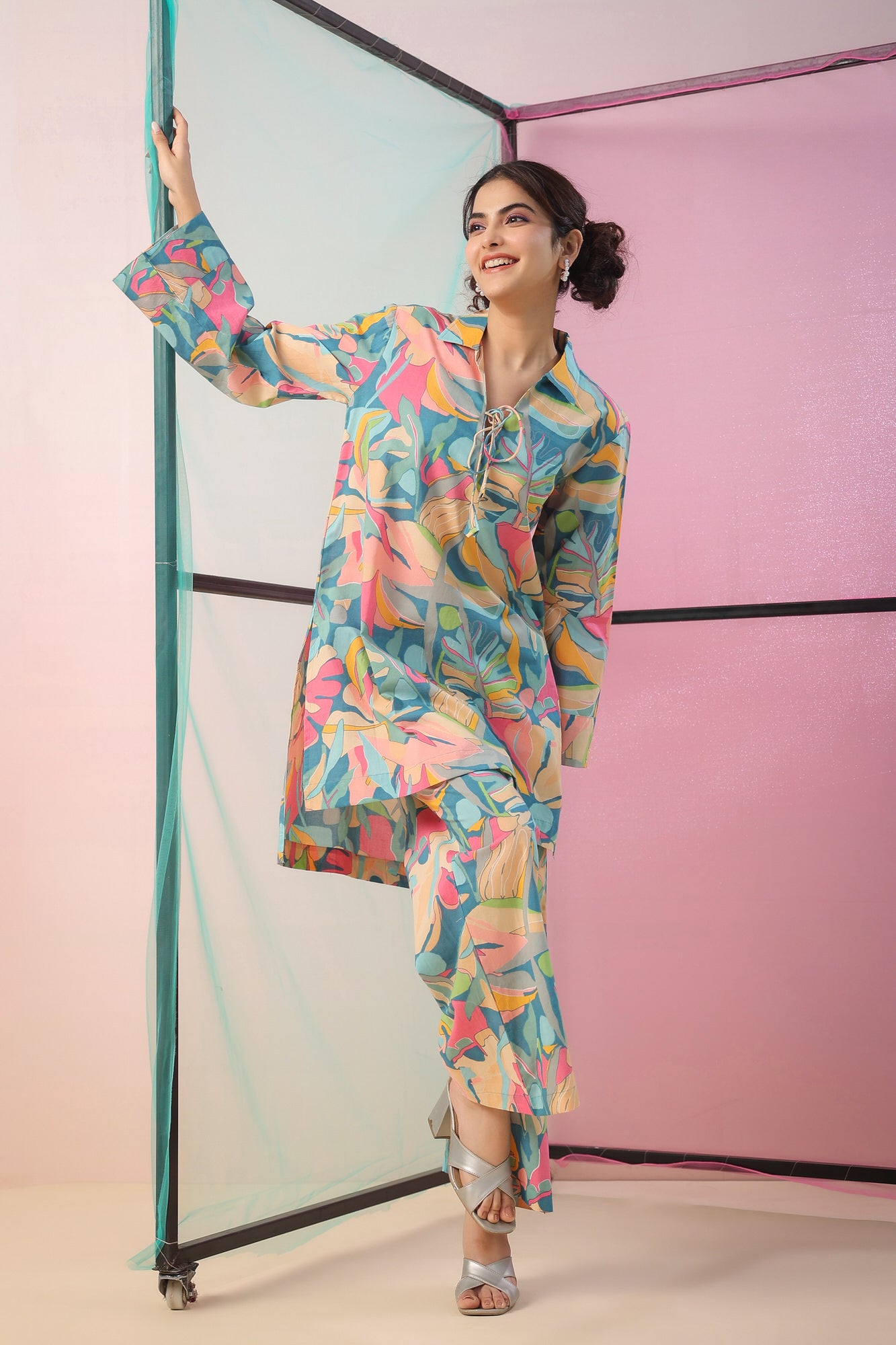 Abstract Art On Blue Cotton Palazzo Loungewear Set