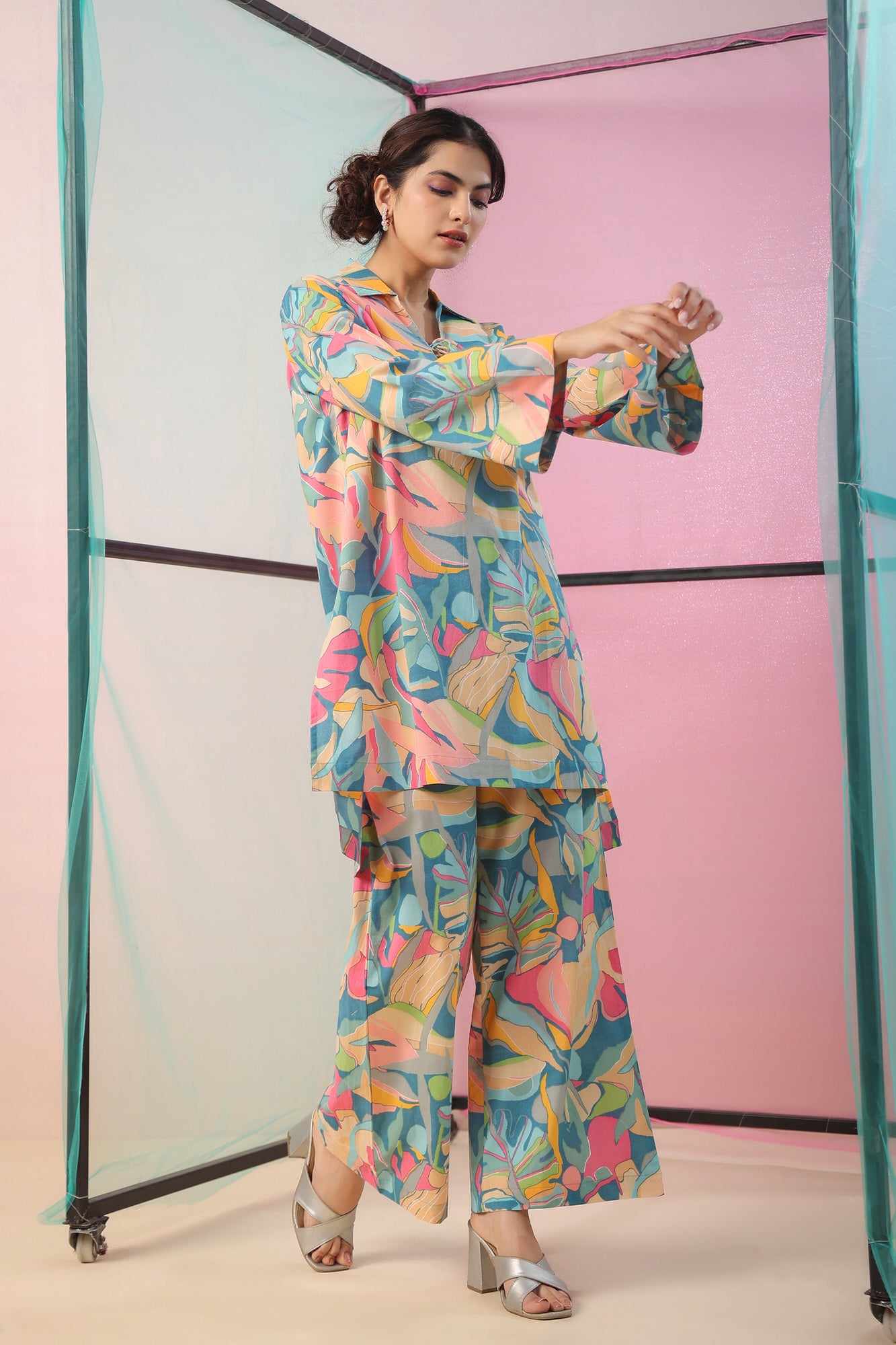 Abstract Art On Blue Cotton Palazzo Loungewear Set