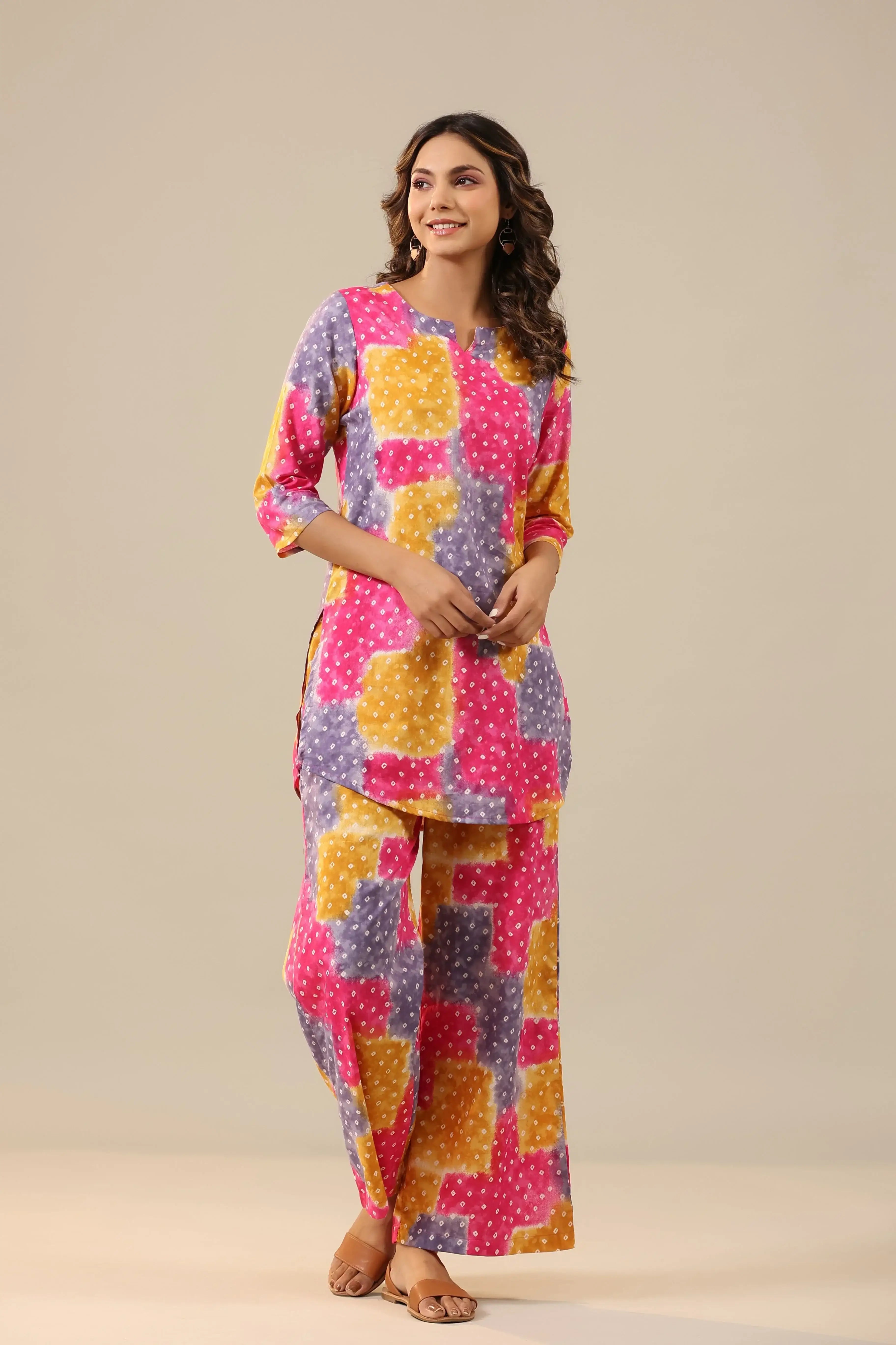 Multicoloured Bandhej on Cotton Palazzo Loungewear Set