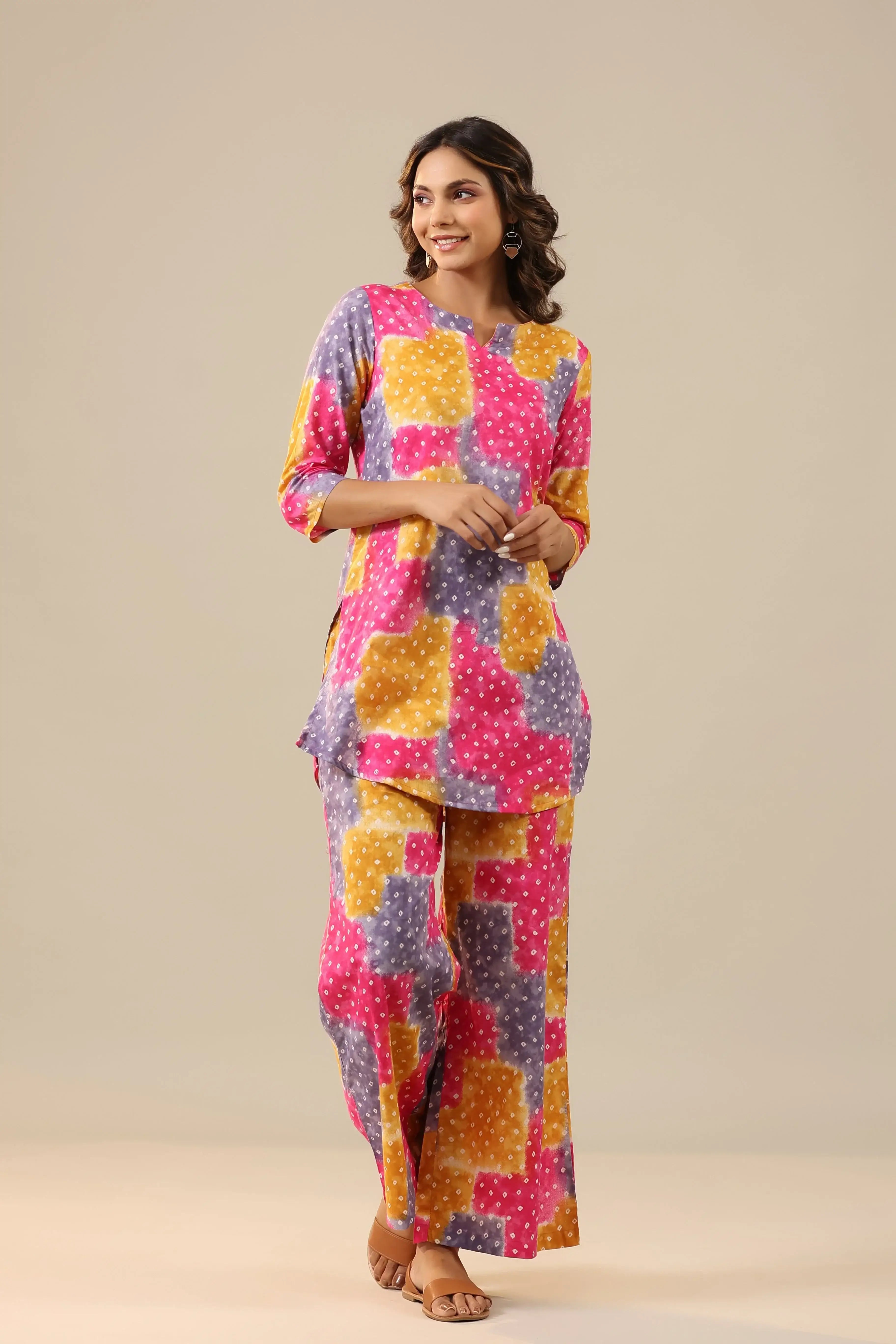 Multicoloured Bandhej on Cotton Palazzo Loungewear Set