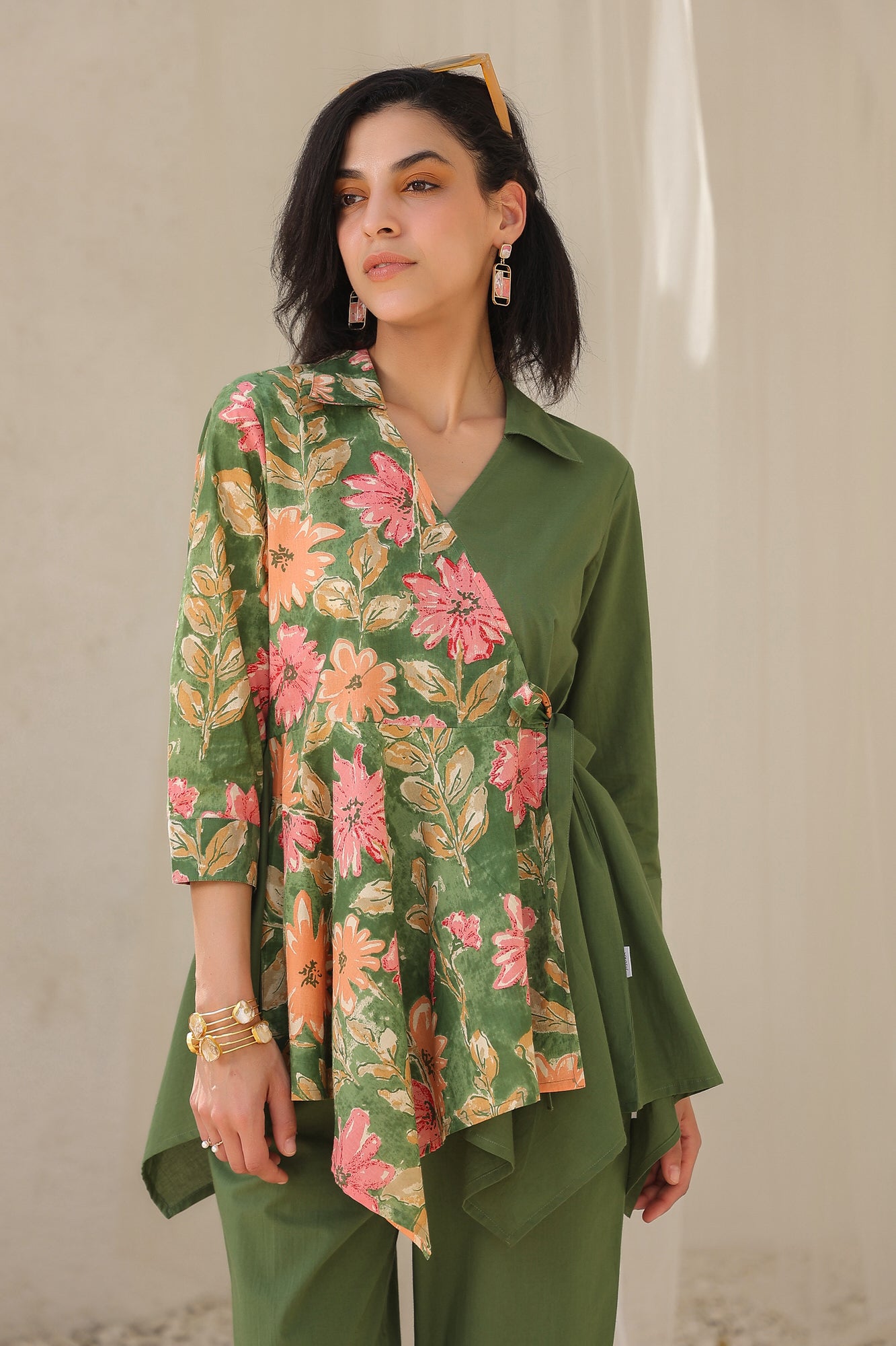 Colour Block Olive Green Cotton Flex Co-ord Set
