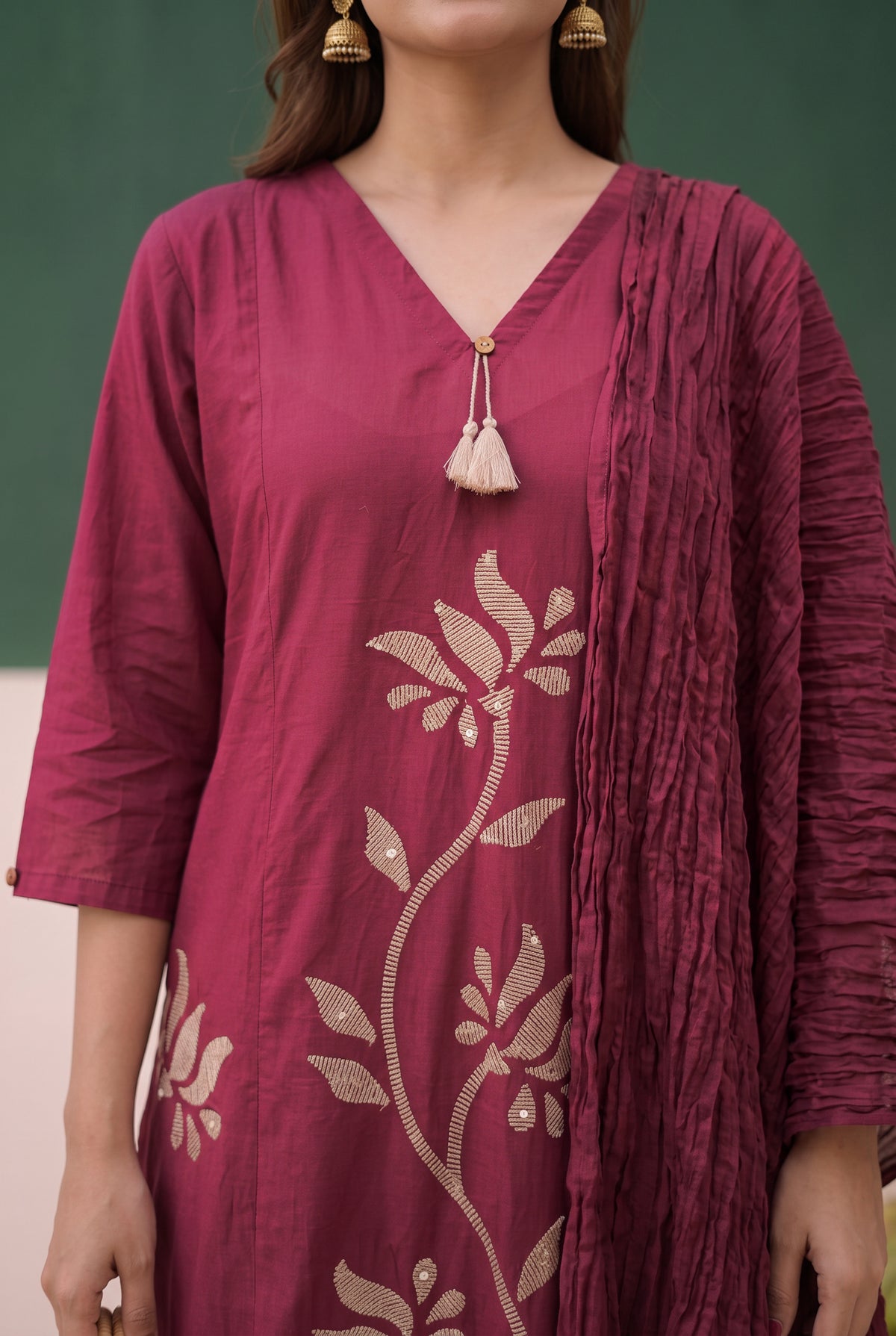 Maroon Artistic Floral Embroidered Cotton Kurta Set with Crushed Dupatta