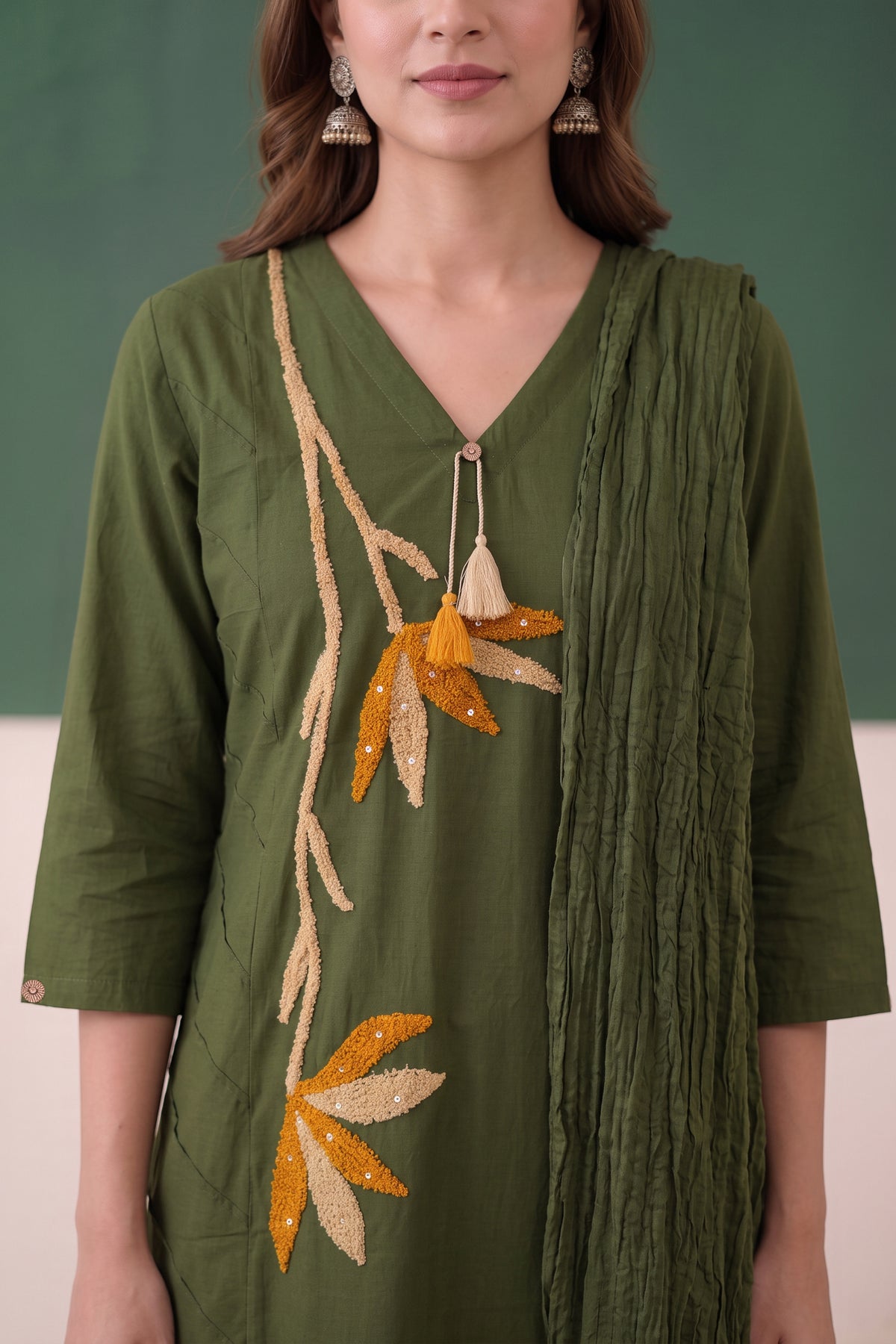 Green Floral Nature-Inspired Embroidered Cotton Kurta Set with Textured Dupatta