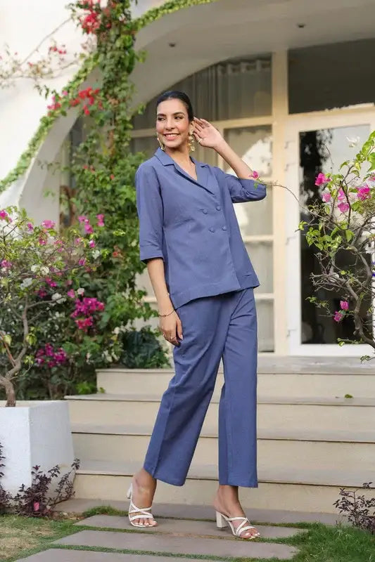 Ocean Blue Blazer Cotton Flex Co-ord Set