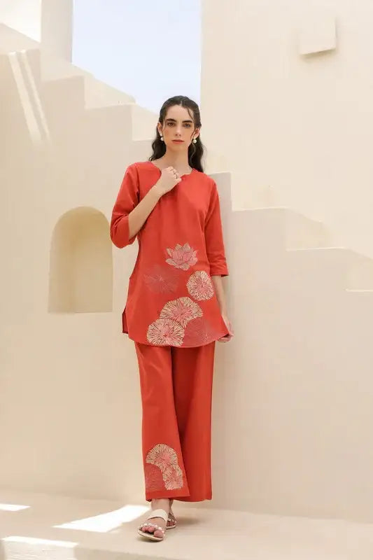 Tangerine Embroidery Cotton Flex Co-ord Set