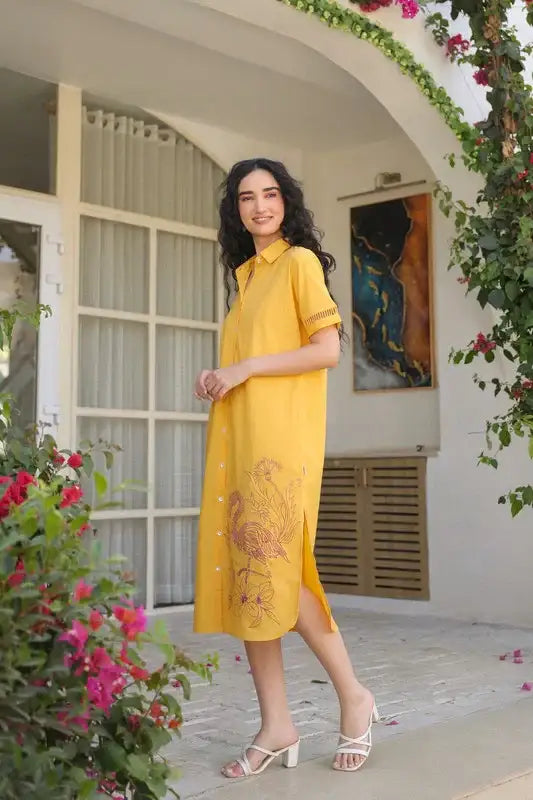 Yellow Flamingo Cotton Dress