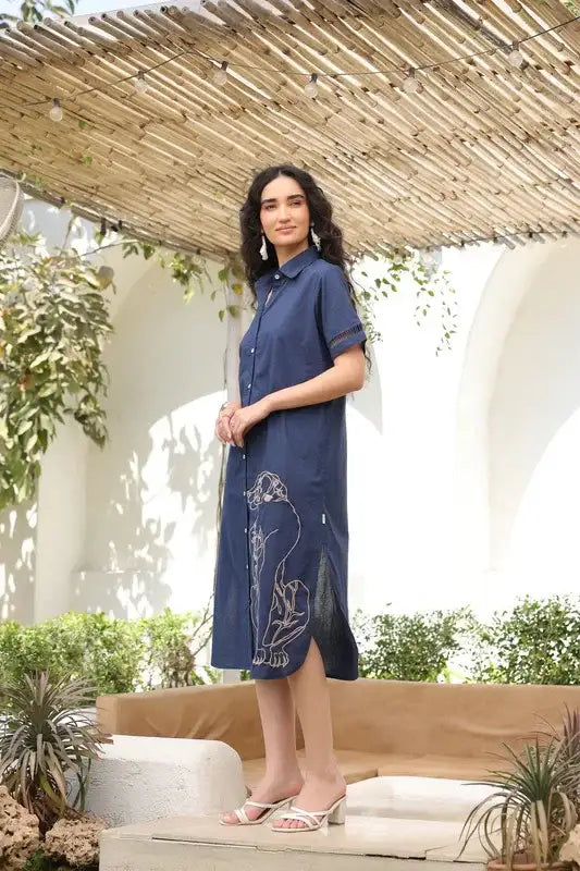 Navy Blue Safari Shirt Cotton Dress