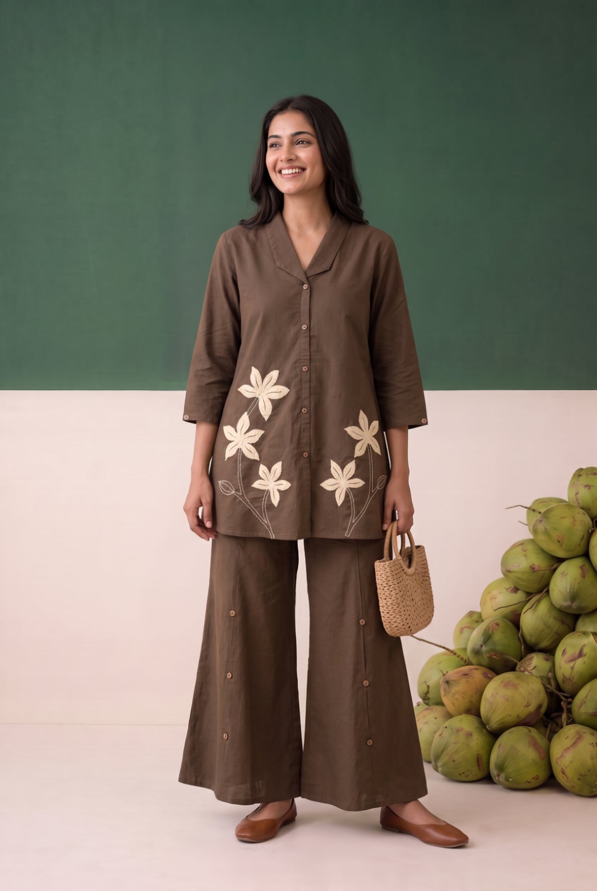 Brown Floral Embroidered Shirt Cotton Flex Co-ord Set