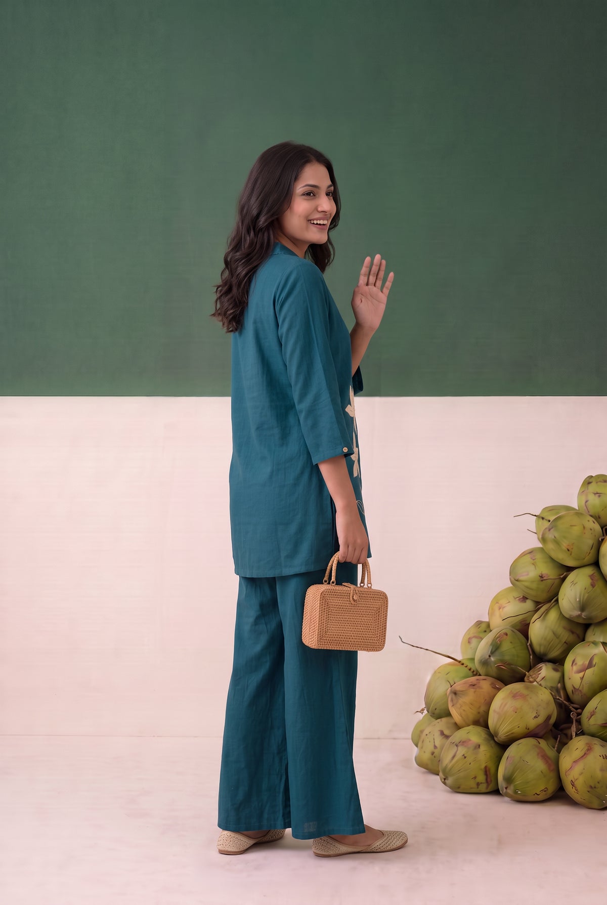 Teal Artistic Floral Detail Embroidered Cotton Flex Co-ord Set