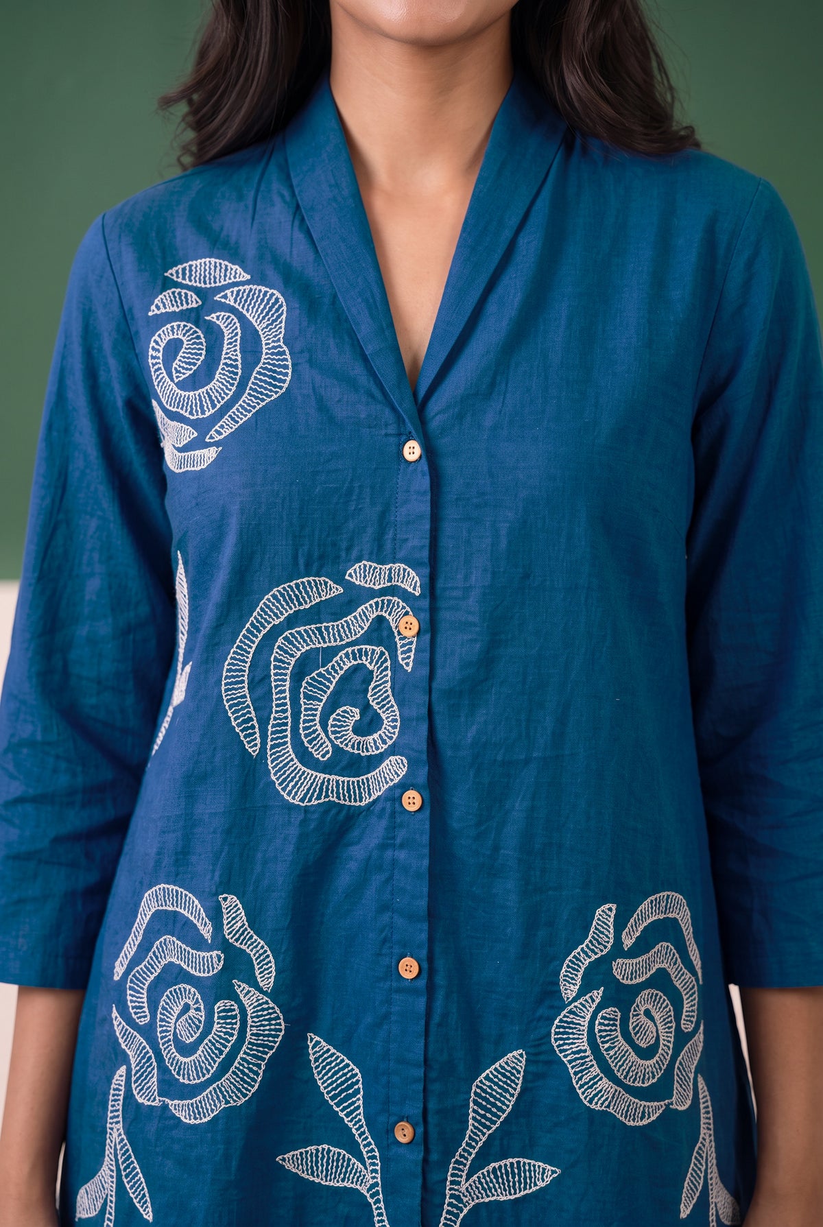 Blue Rose Embroidered Shirt Cotton Flex Co-ord Set