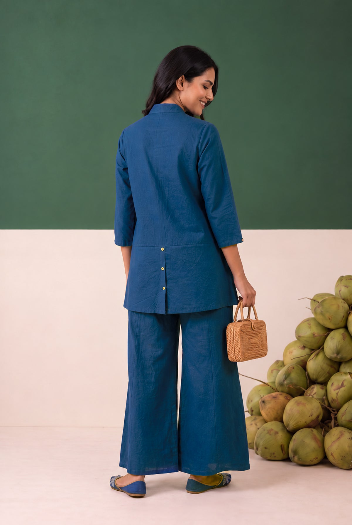 Blue Rose Embroidered Shirt Cotton Flex Co-ord Set