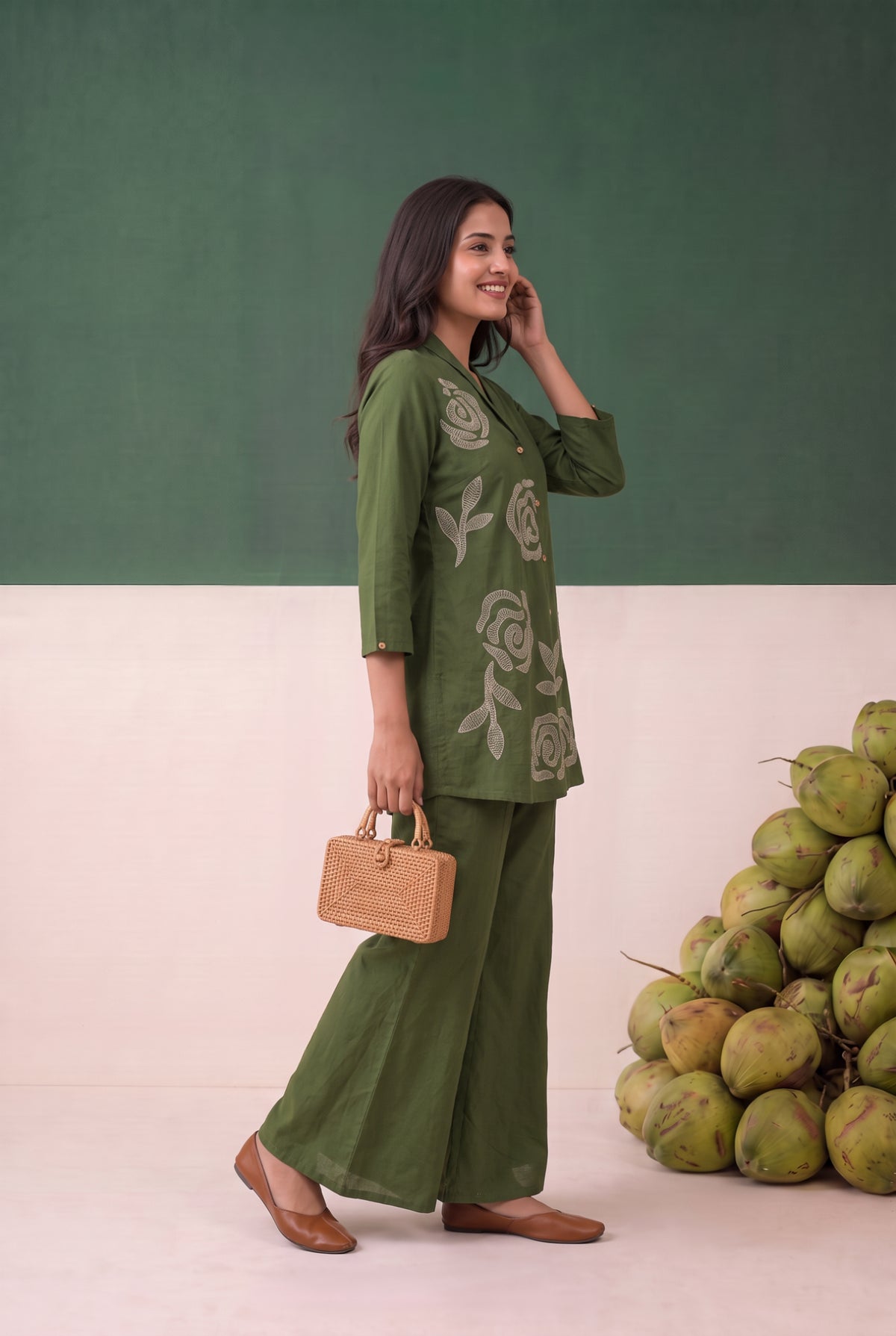 Green Contrast Rose Detail Embroidered Shirt Cotton Flex Co-ord Set