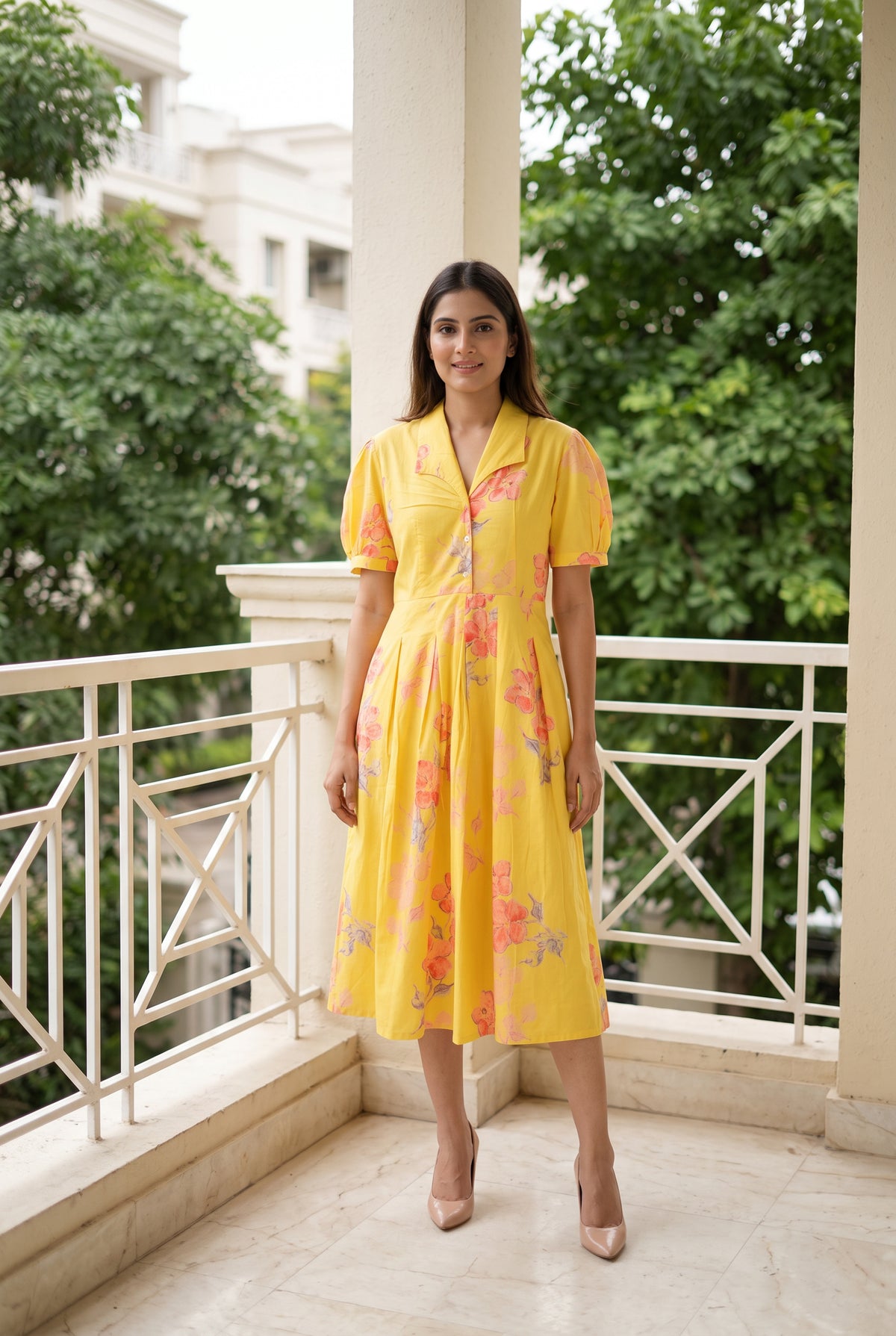 Yellow Floral Printed Fit and Flare Midi Cotton Dress