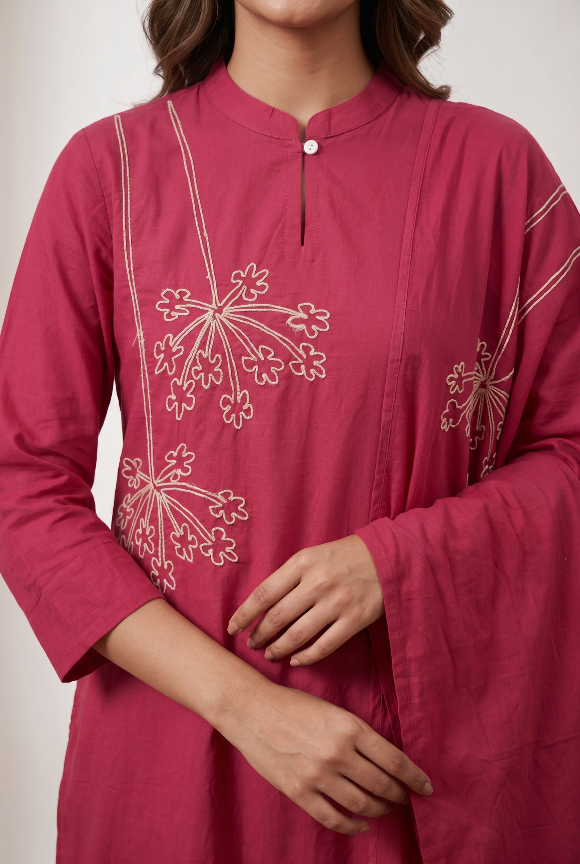 Pink Floral Thread Embroidered Cotton Kurta Pant Set with Tassel Dupatta
