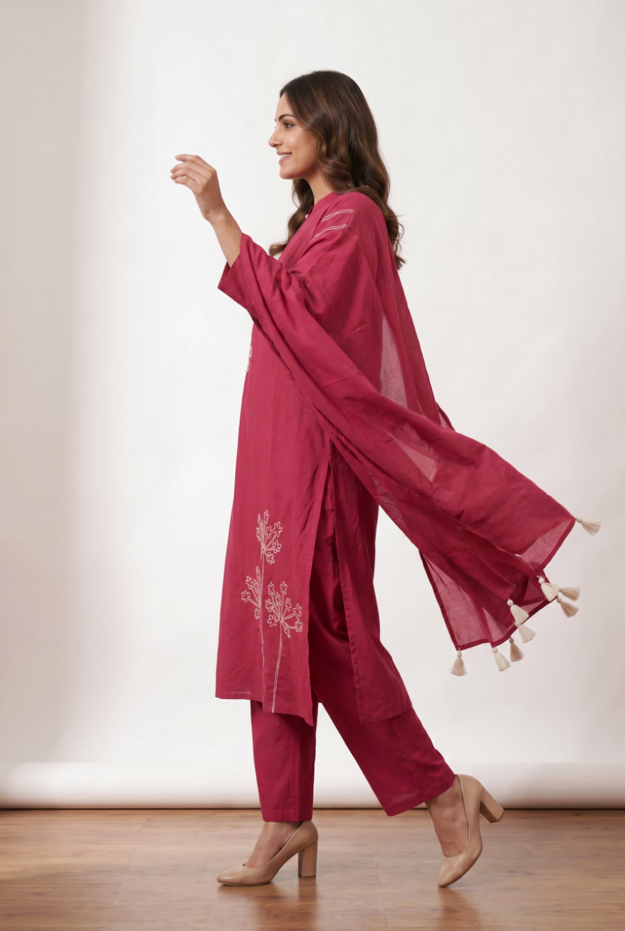 Pink Floral Thread Embroidered Cotton Kurta Pant Set with Tassel Dupatta