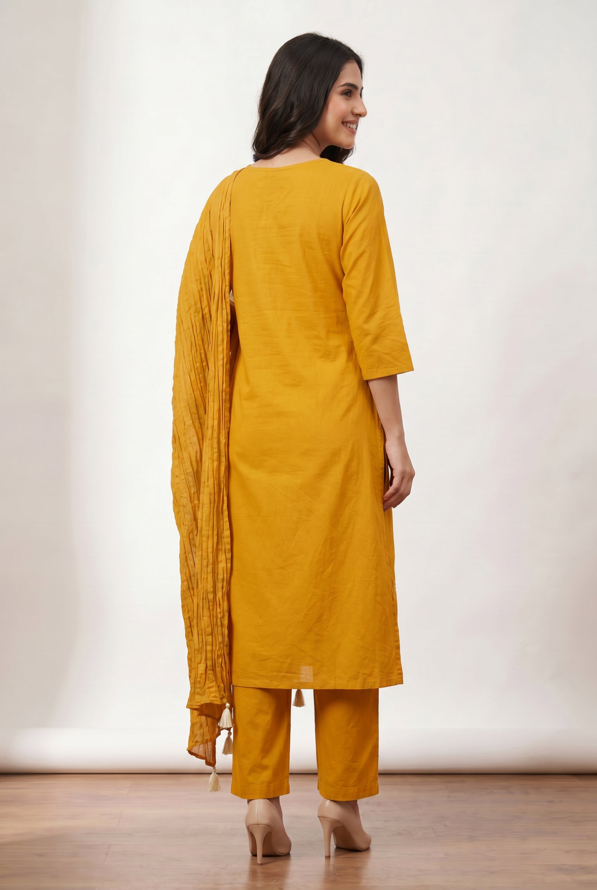 Mustard Straight Cotton Kurta Set with Floral Embroidery & Pleated Tassel Dupatta