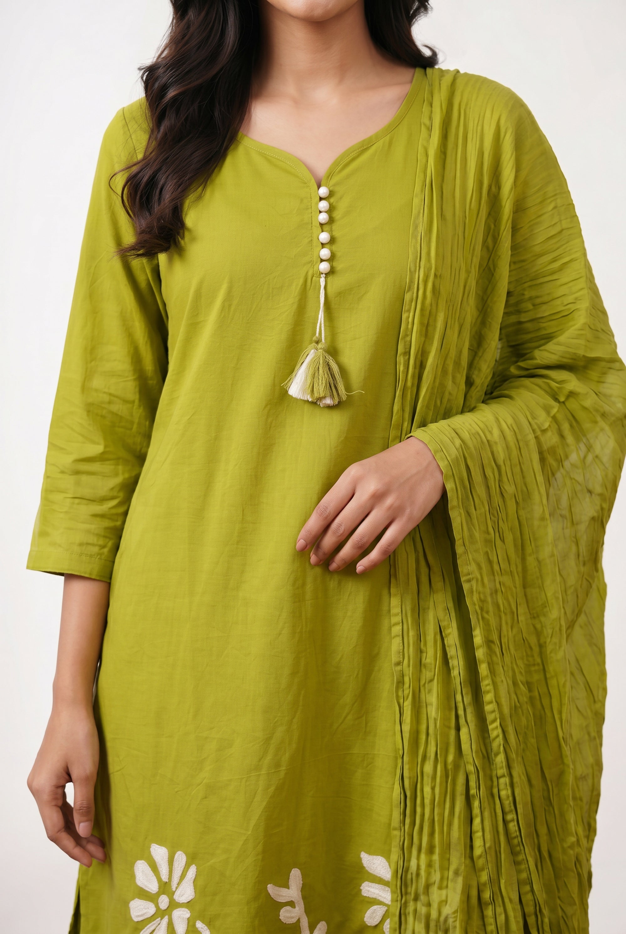 Lime Green Ethnic Floral Embroidered Cotton Kurta Pant Set with Pleated Dupatta