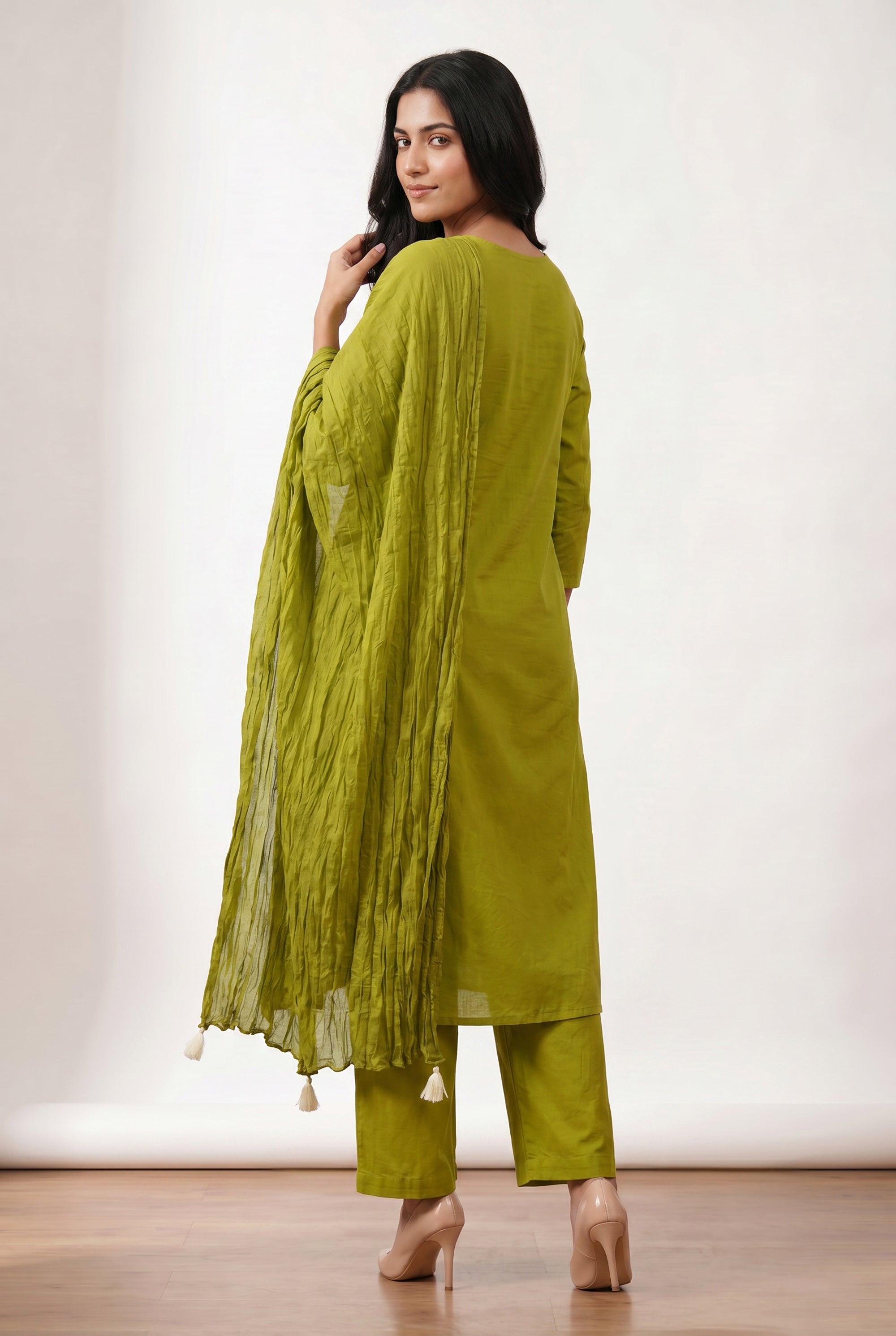 Lime Green Ethnic Floral Embroidered Cotton Kurta Pant Set with Pleated Dupatta