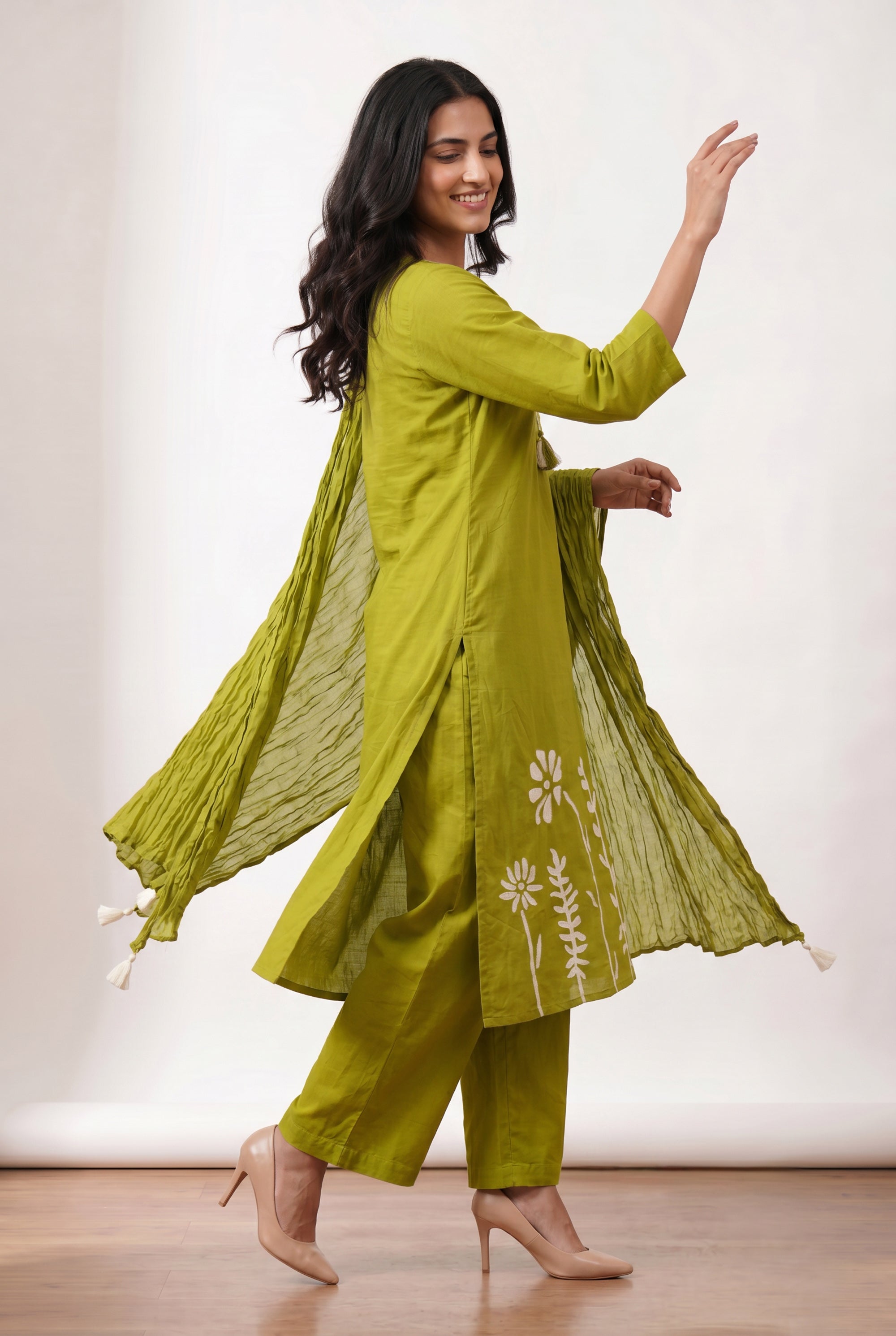 Lime Green Ethnic Floral Embroidered Cotton Kurta Pant Set with Pleated Dupatta