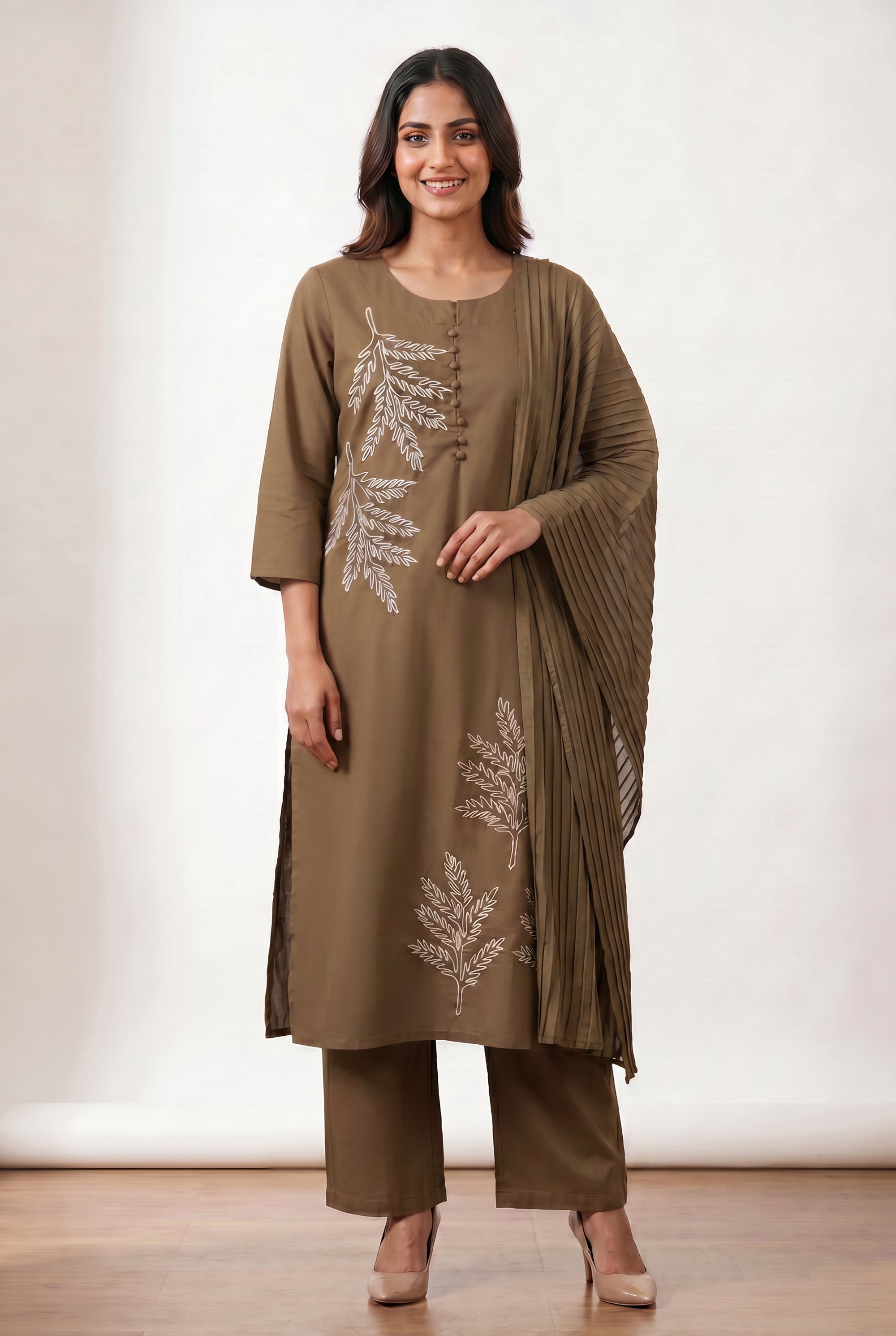 Ethnic Brown Floral Embroidered Cotton Straight Kurta Set with Pants & Dupatta