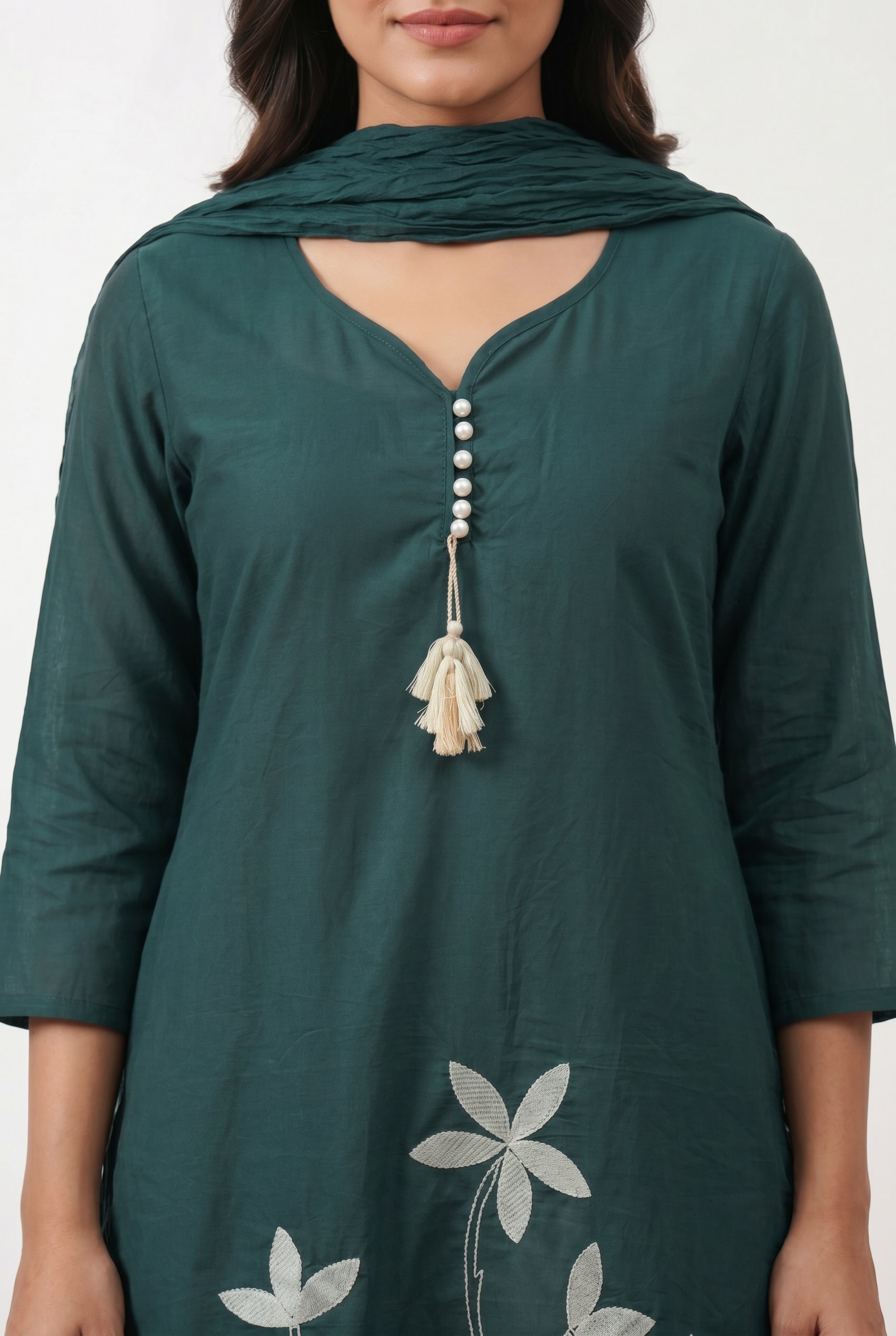 Elegant Teal Floral Embroidered Cotton Kurta Pant Set with Pleated Dupatta