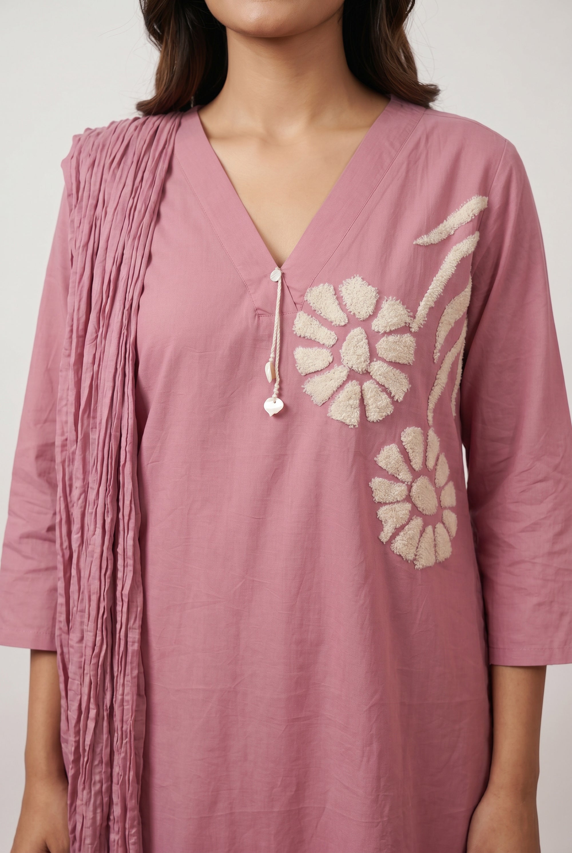Pink Floral Embroidery Cotton Straight Kurta Pant Set with Pleated Tassel Dupatta
