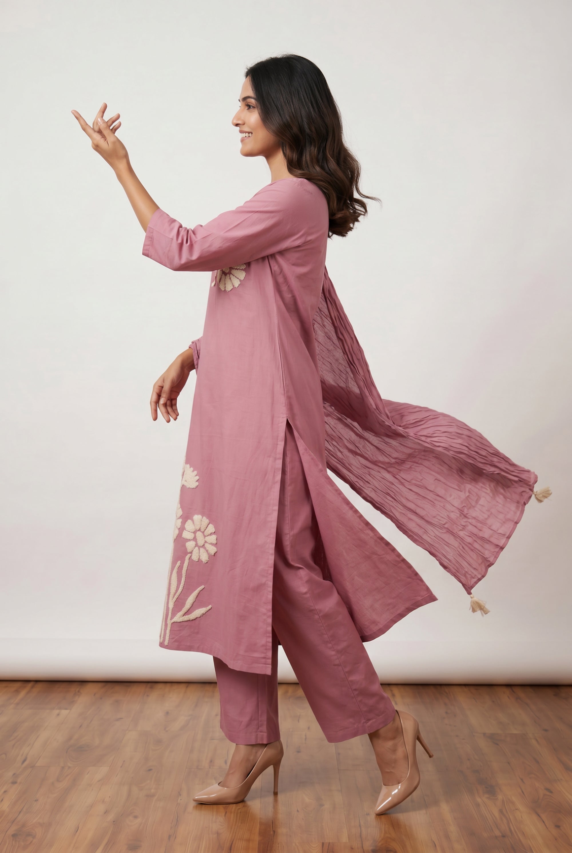 Pink Floral Embroidery Cotton Straight Kurta Pant Set with Pleated Tassel Dupatta