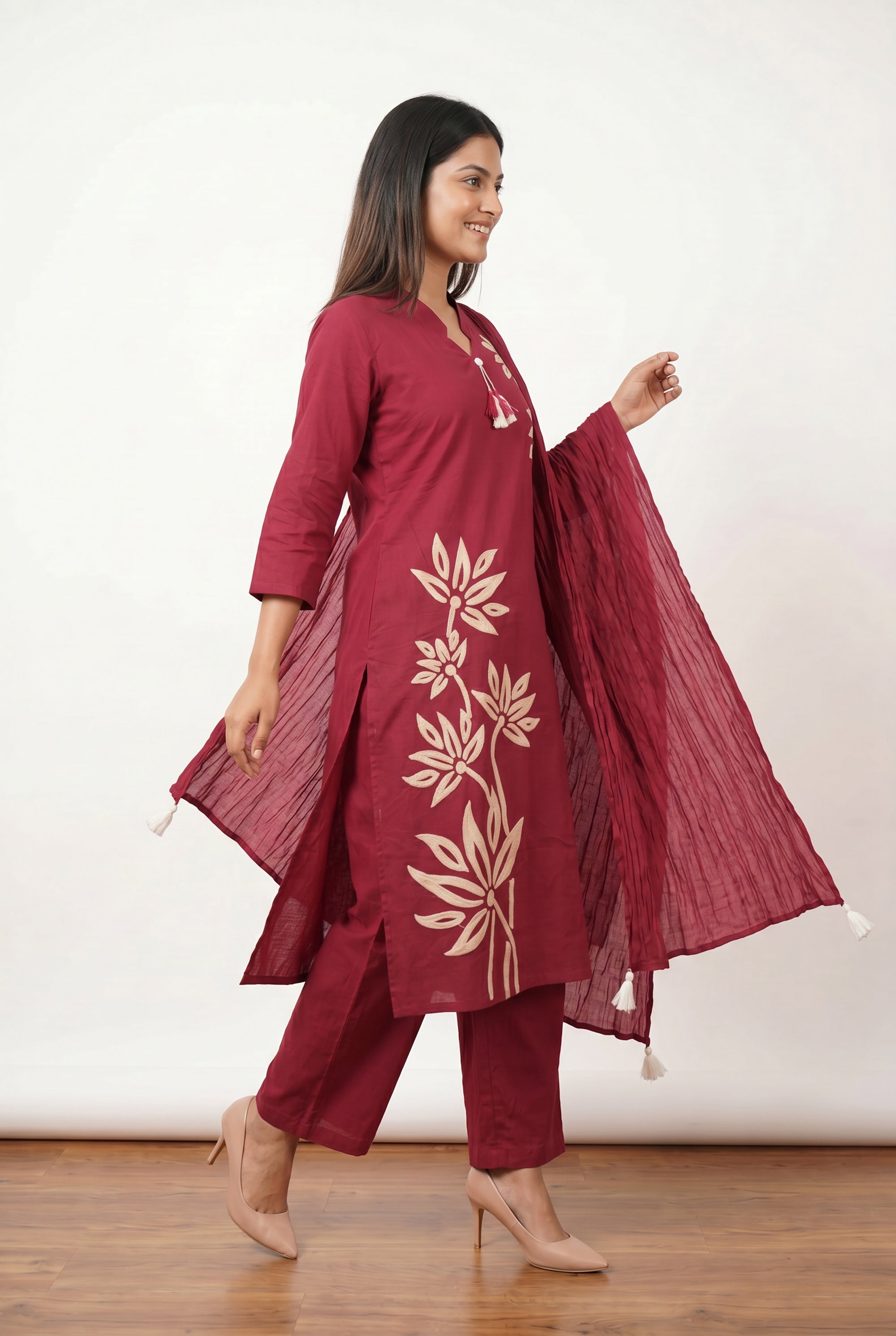 Maroon Floral Embroidered Cotton Kurta Pant Set with Pleated Tassel Dupatta