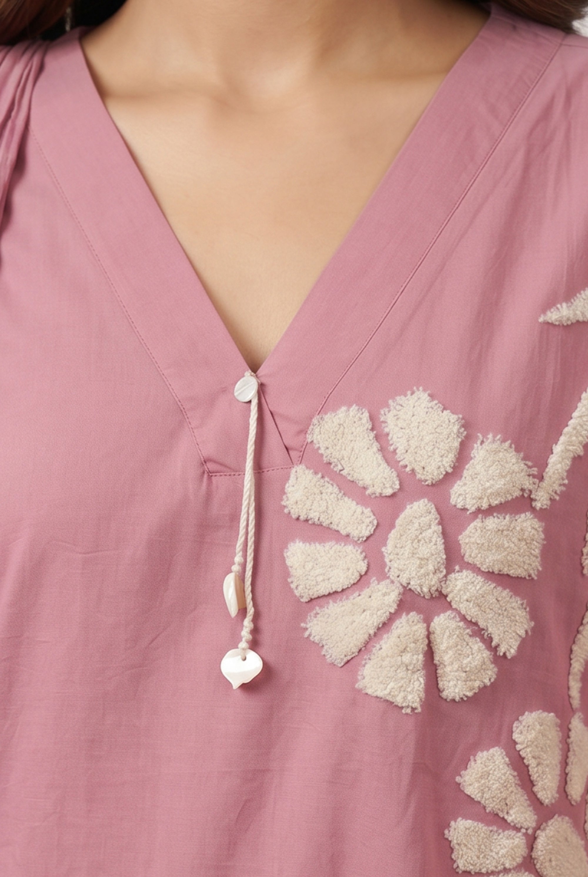 Pink Floral Embroidery Cotton Straight Kurta Pant Set with Pleated Tassel Dupatta
