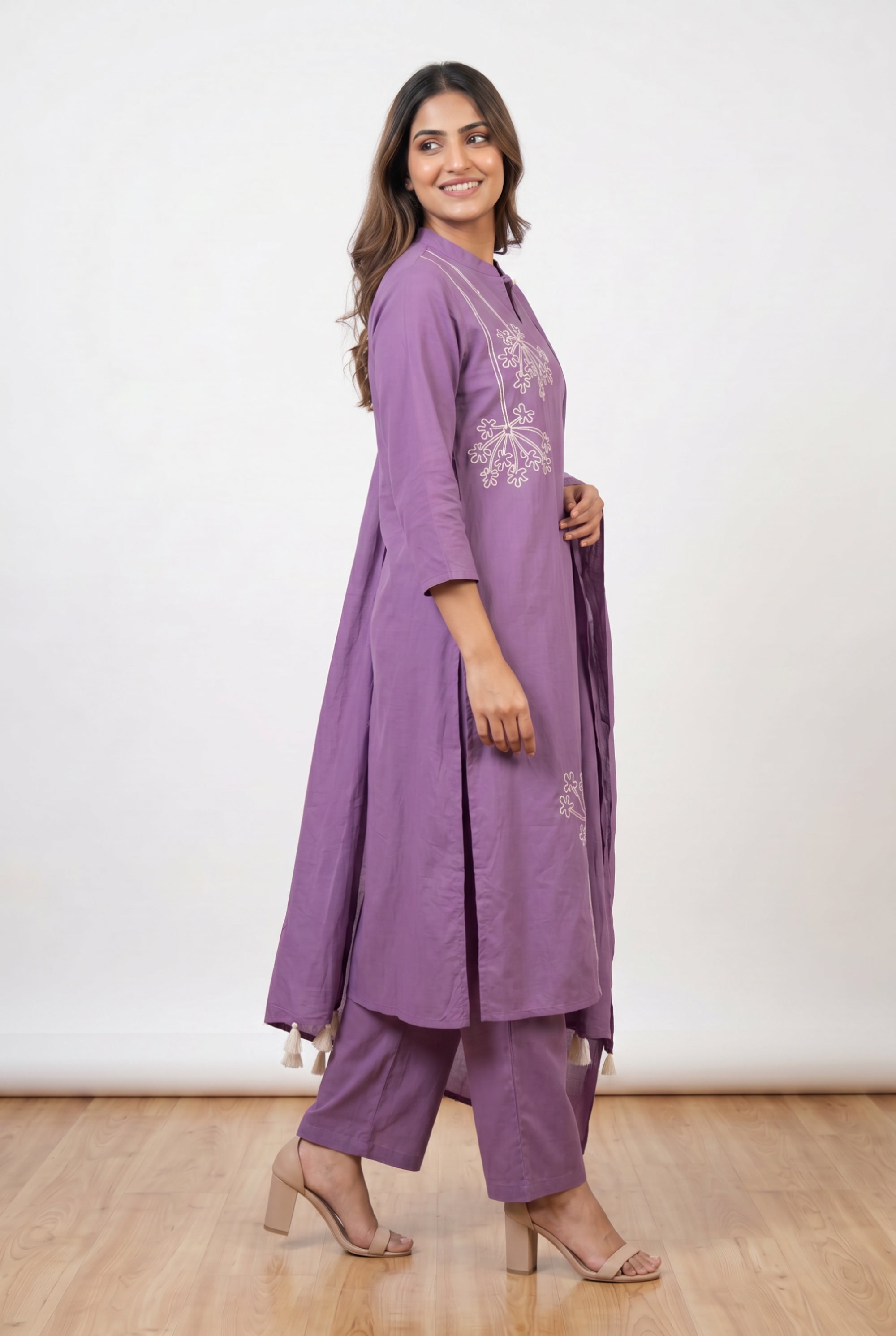 Purple Straight Fit Mandarin Collar Cotton Kurta Set with Floral Embroidery & Tassel Dupatta