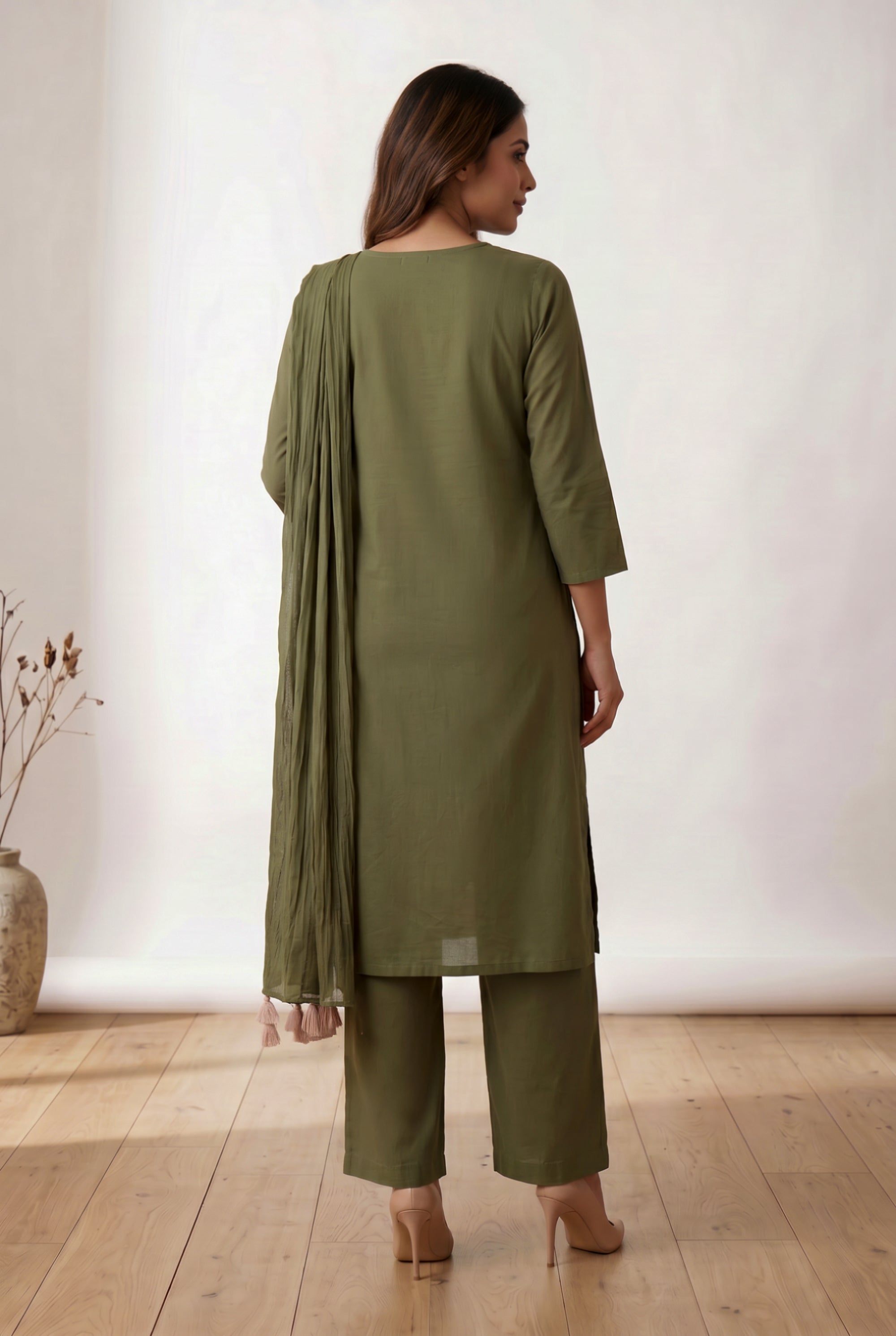Olive Green Floral Embroidered Cotton Kurta Pant Set with Tassel Dupatta