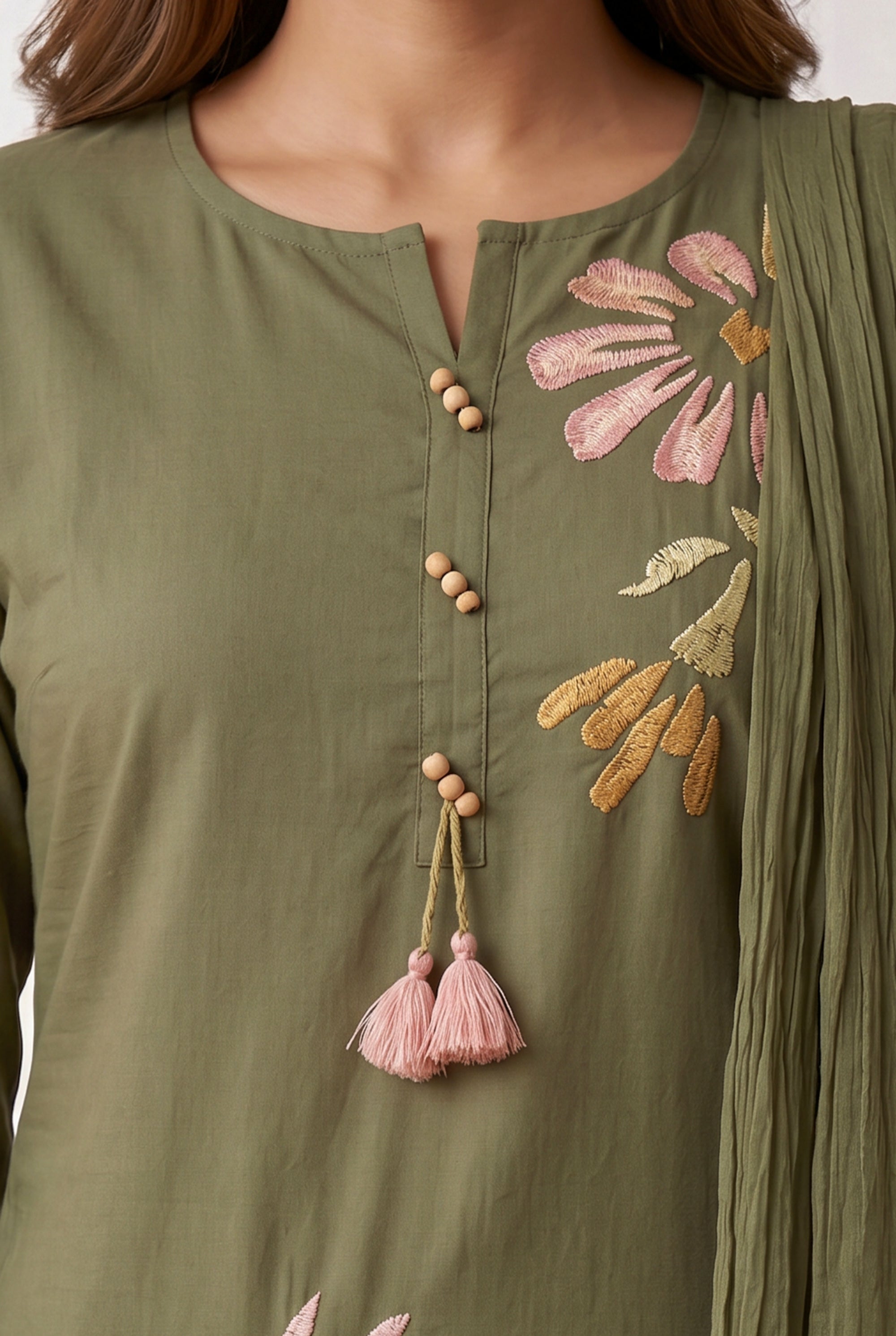 Olive Green Floral Embroidered Cotton Kurta Pant Set with Tassel Dupatta
