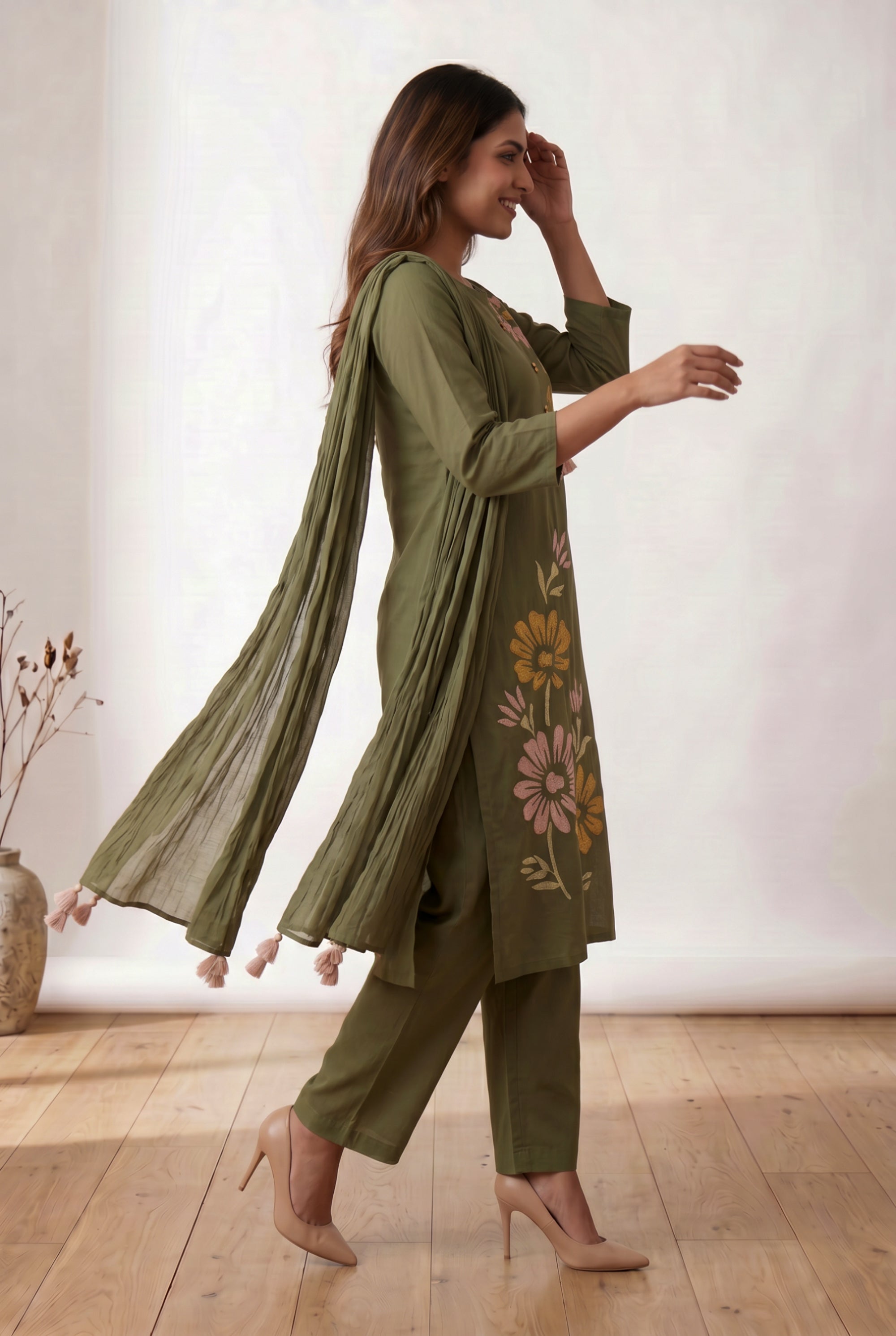 Olive Green Floral Embroidered Cotton Kurta Pant Set with Tassel Dupatta