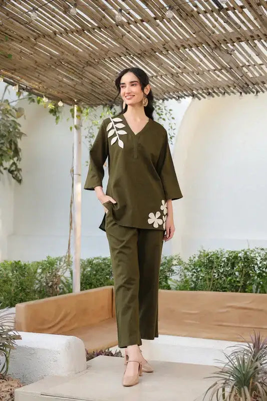 Olive Petal Cotton Flex Co-ord Set