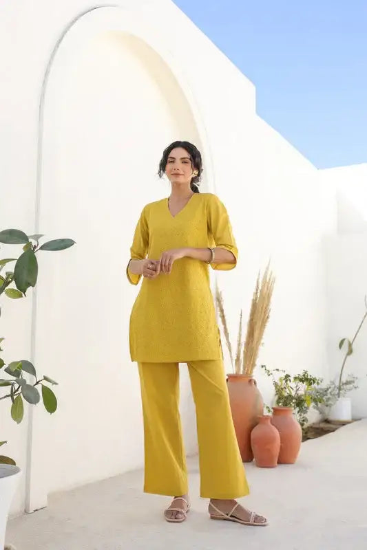 Yellow Sunflower Bliss Schiffli Cotton Co-ord Set