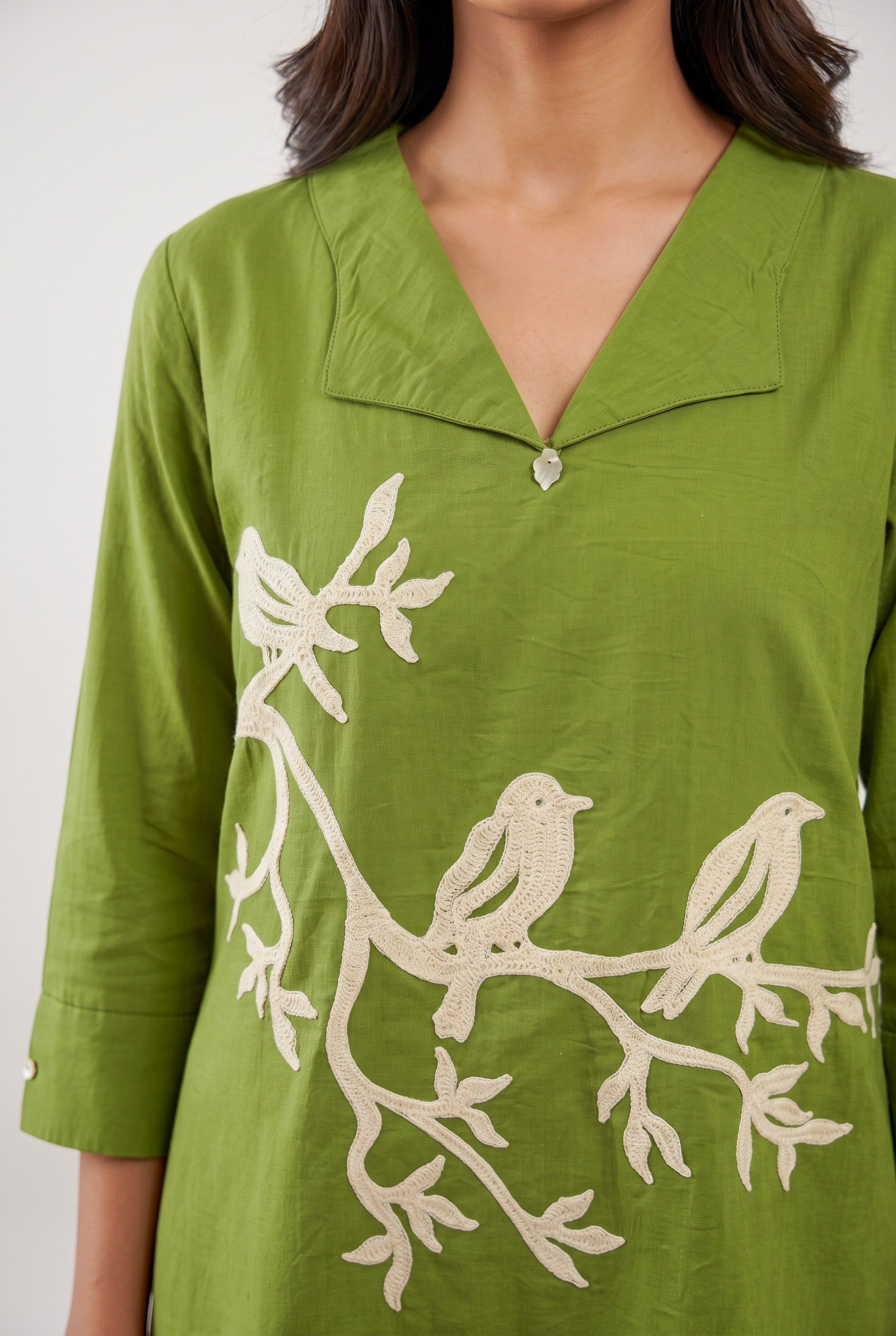 Olive Green Bird Embroidered Cotton Flex Co-ord Set with V-Neck Lapel Collar
