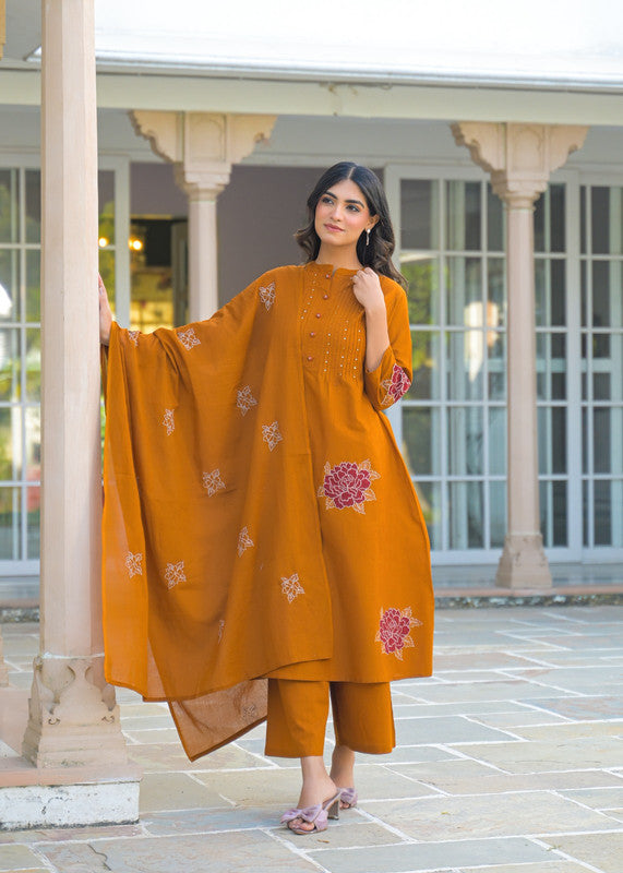 Mustard Ethnic Motif Embroidered Kurta Pant Set with Dupatta