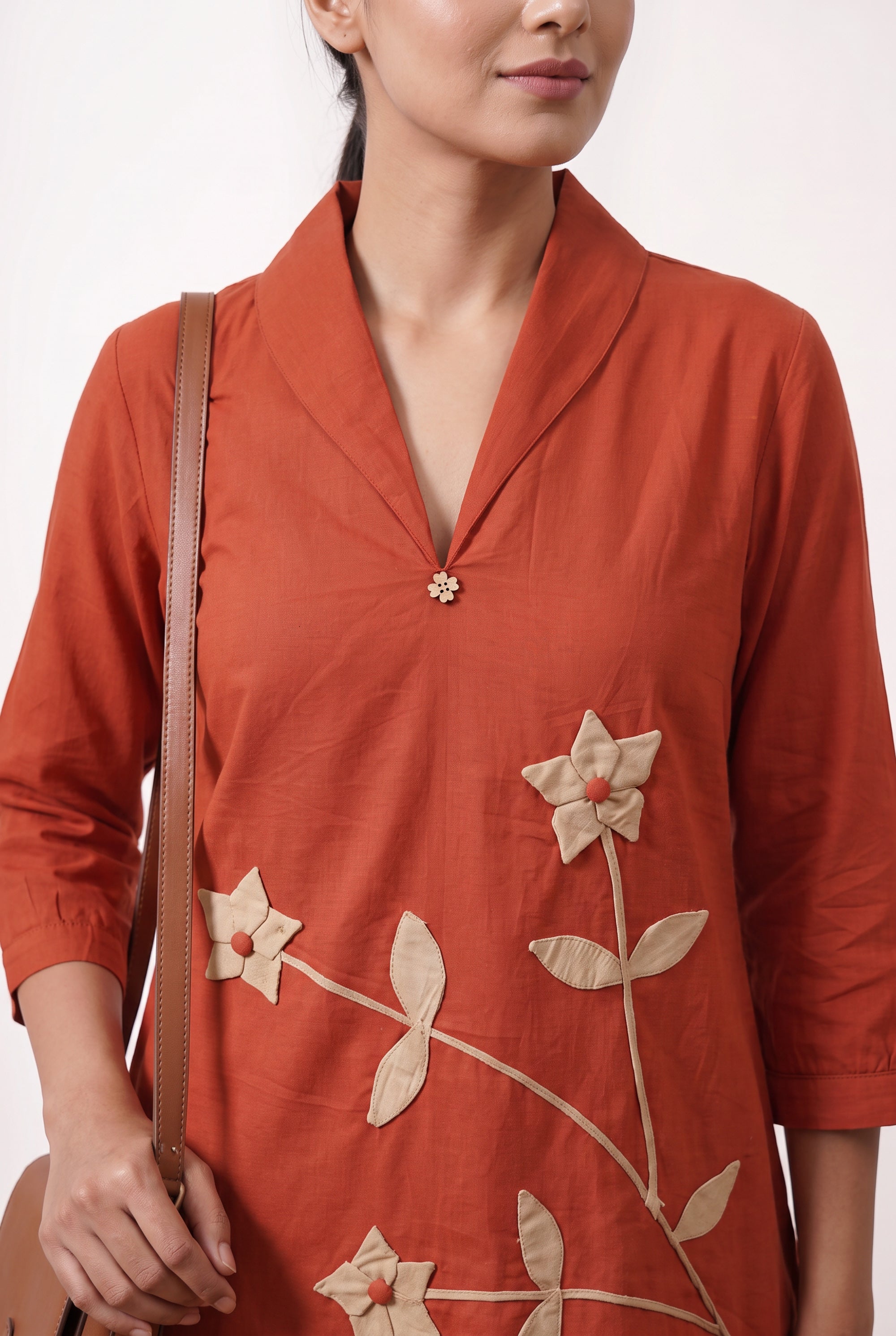Rust Orange Floral V-Neck Embroidered Cotton Co-ord Set for Casual & Festive Wear
