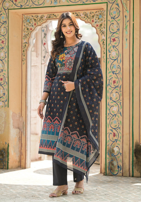 Classic Black Ethnic Printed Kurta Pant Set with Dupatta