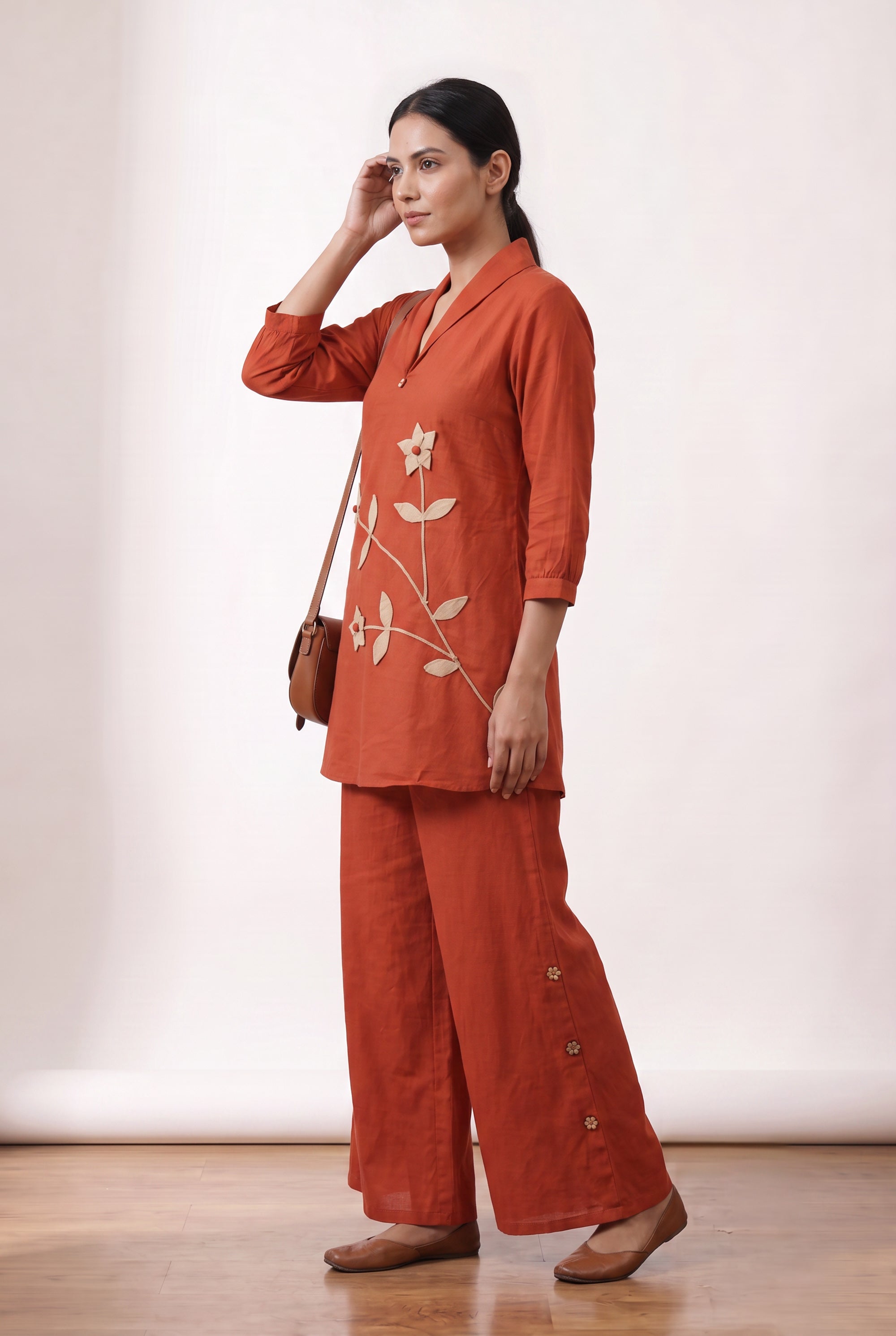 Rust Orange Floral V-Neck Embroidered Cotton Co-ord Set for Casual & Festive Wear