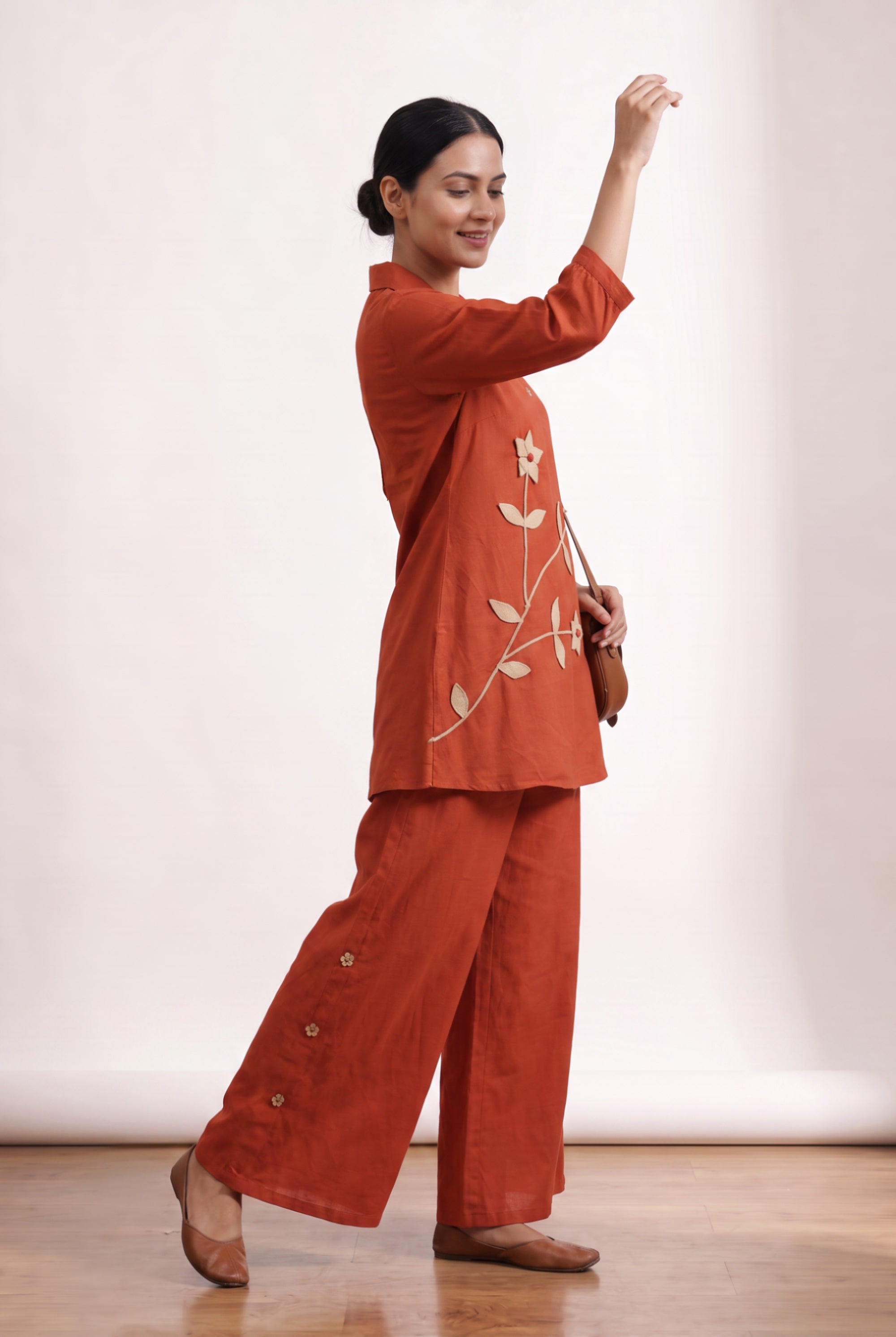 Rust Orange Floral V-Neck Embroidered Cotton Co-ord Set for Casual & Festive Wear