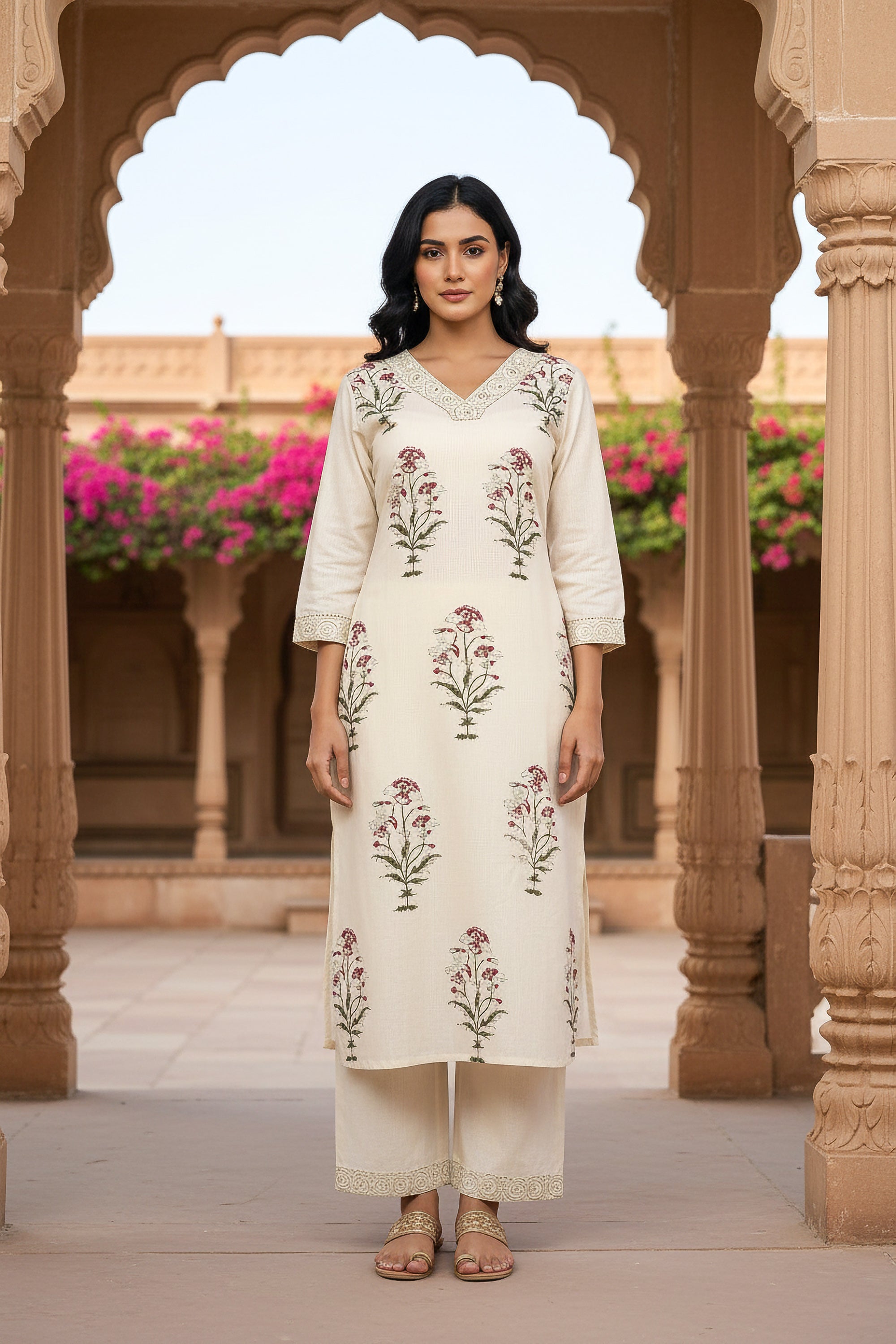 Graceful Ivory Floral Printed Kurta Set with Lace Border Detailing