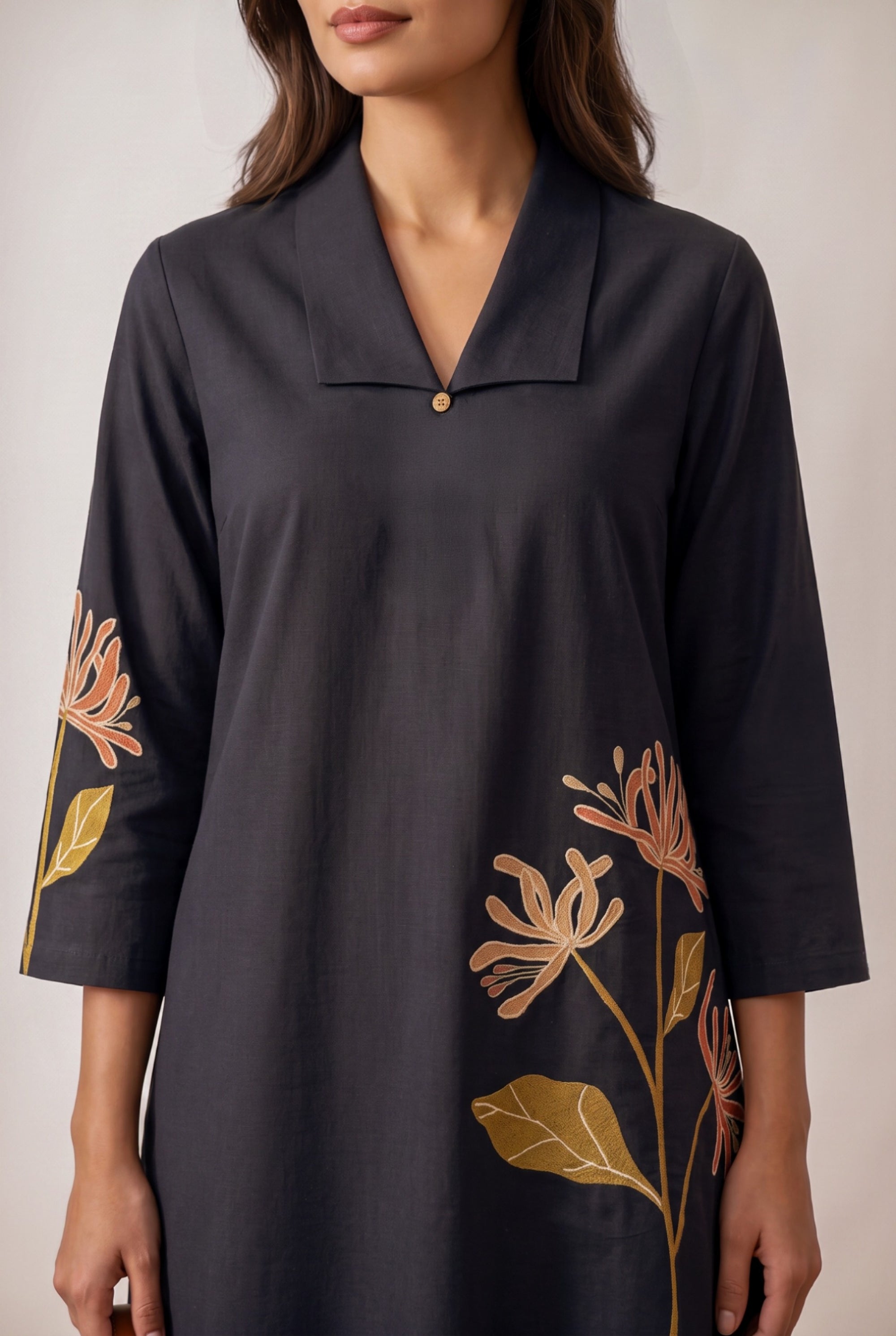 Black Floral Botanical Embroidered Cotton Flex Co-ord Set with V-Neck Lapel Collar Tunic and Straight-Fit Pants
