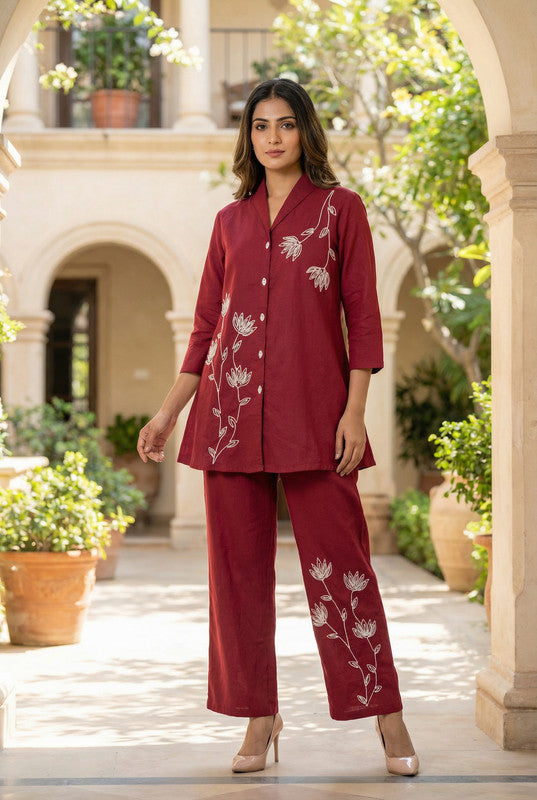 Maroon Floral Elegance Threadwork Embroidered Cotton Co-ord Set