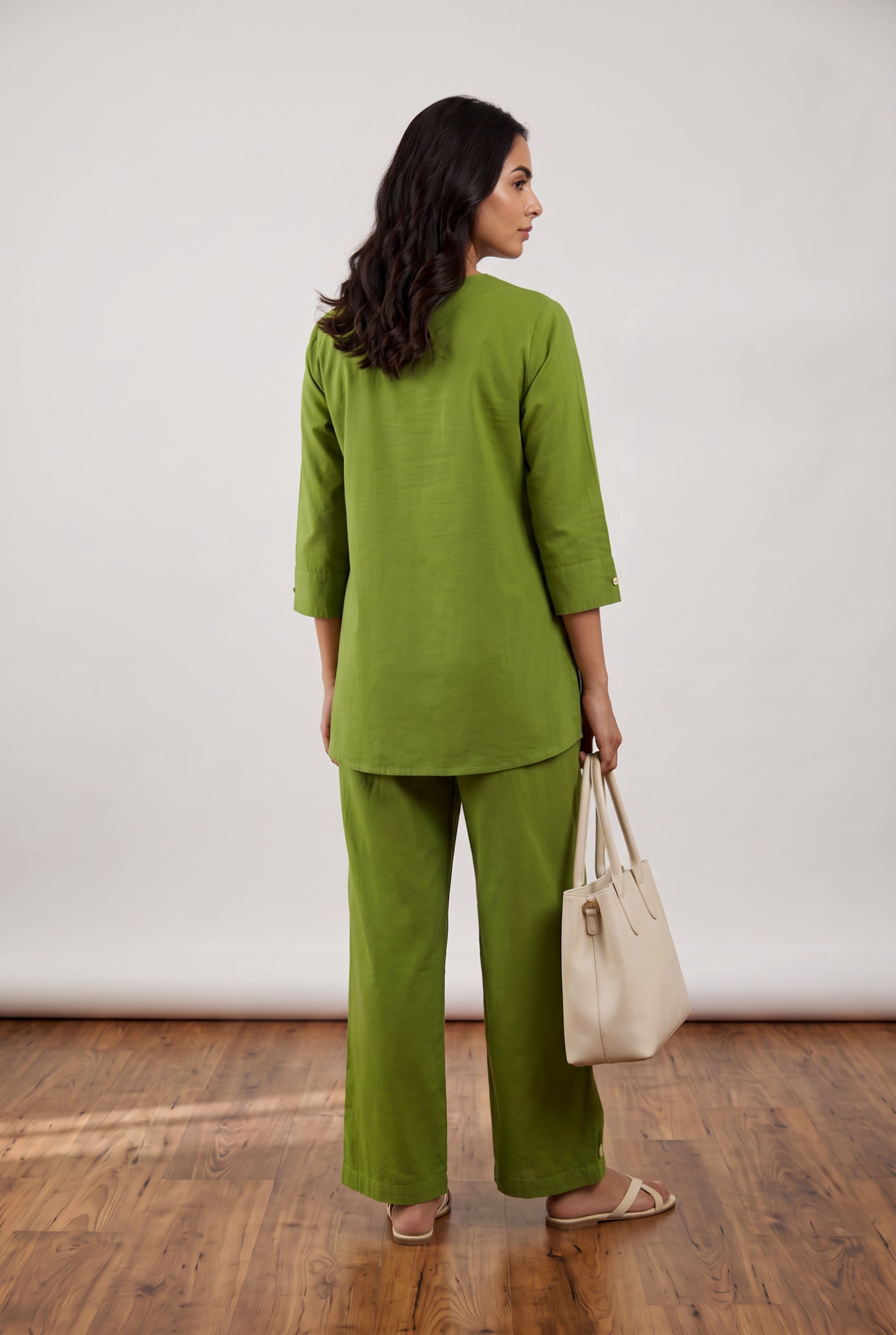 Olive Green Bird Embroidered Cotton Flex Co-ord Set with V-Neck Lapel Collar