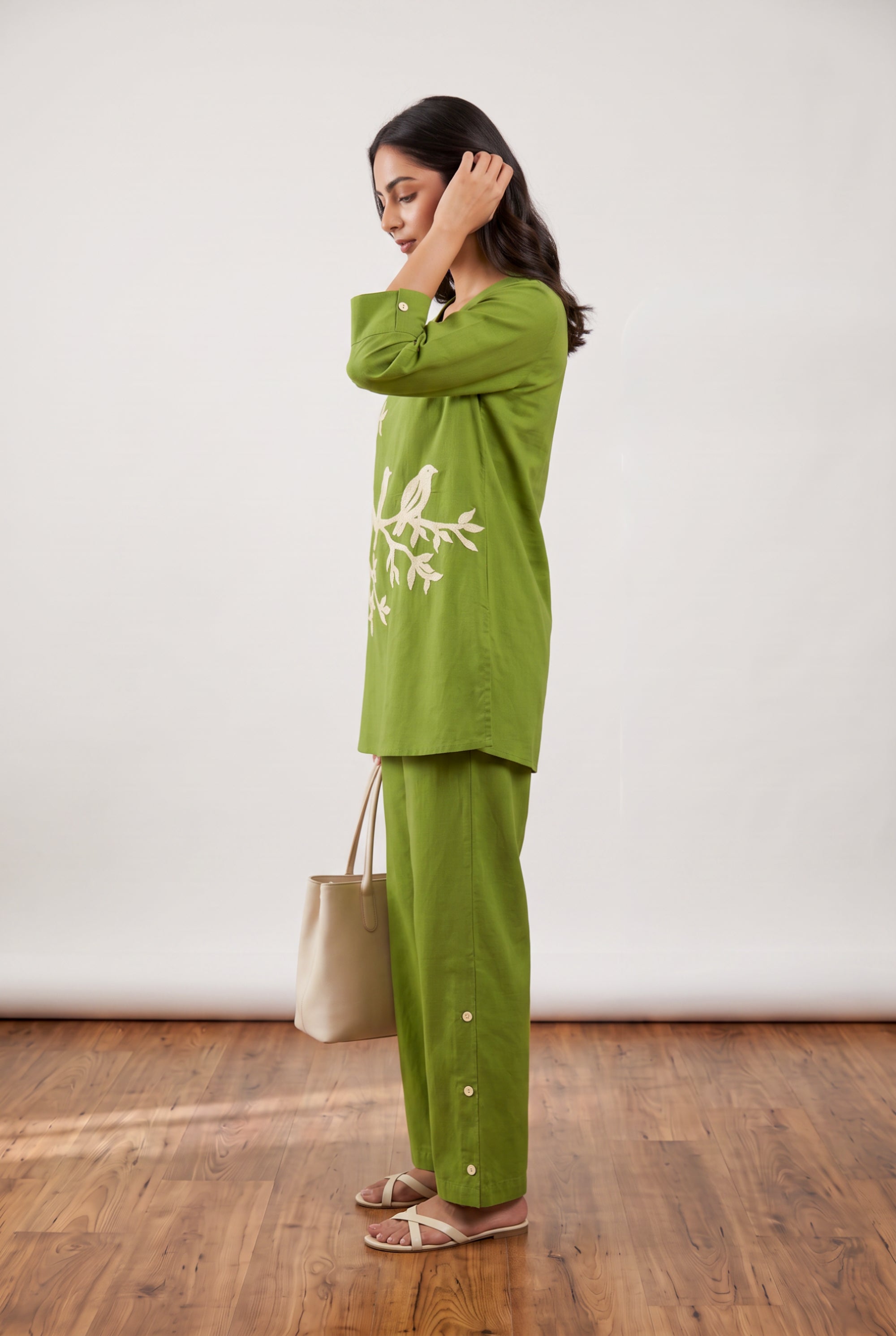 Olive Green Bird Embroidered Cotton Flex Co-ord Set with V-Neck Lapel Collar